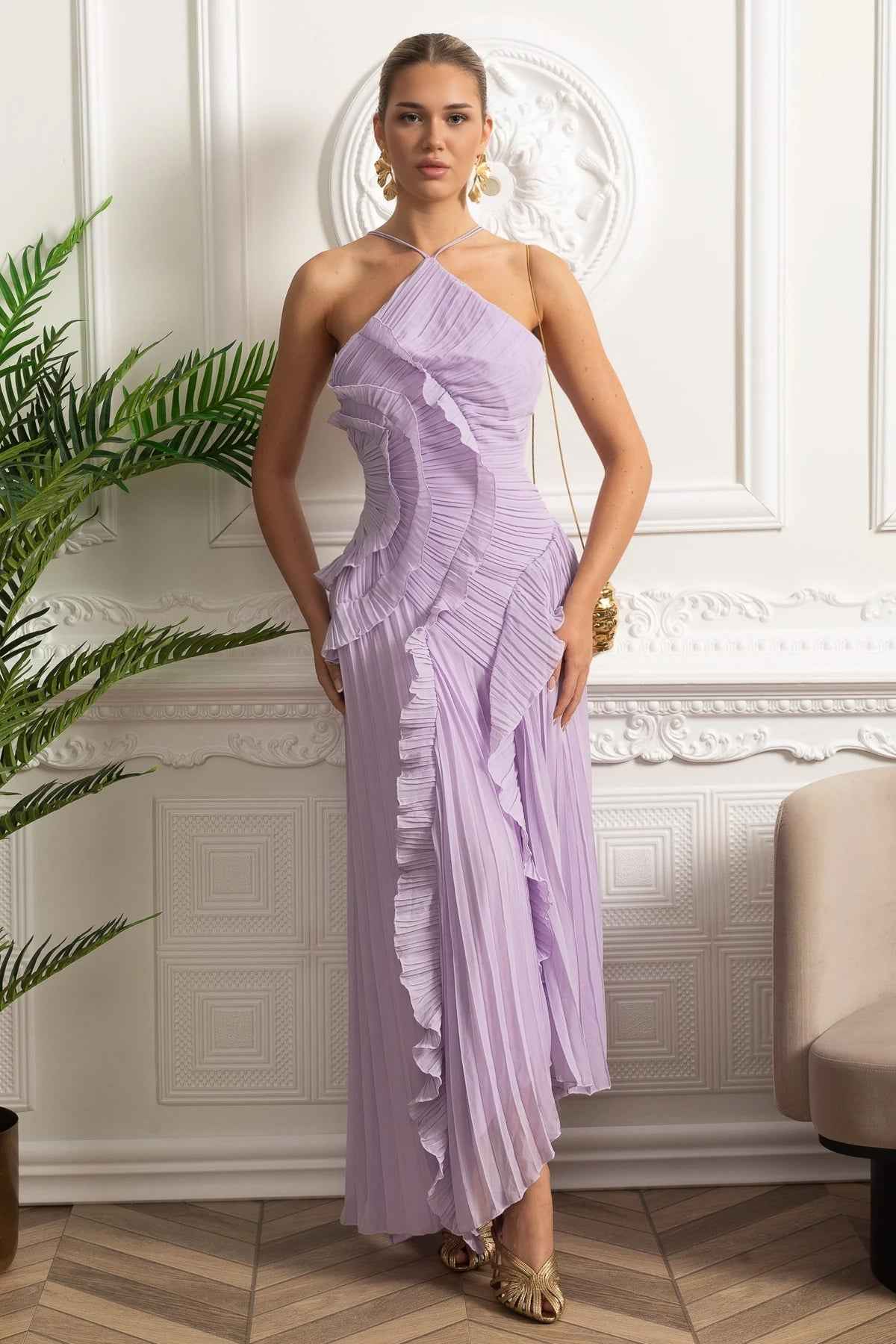 Pleated Halter Midi Dress With Cascading Ruffle Details - Lavender