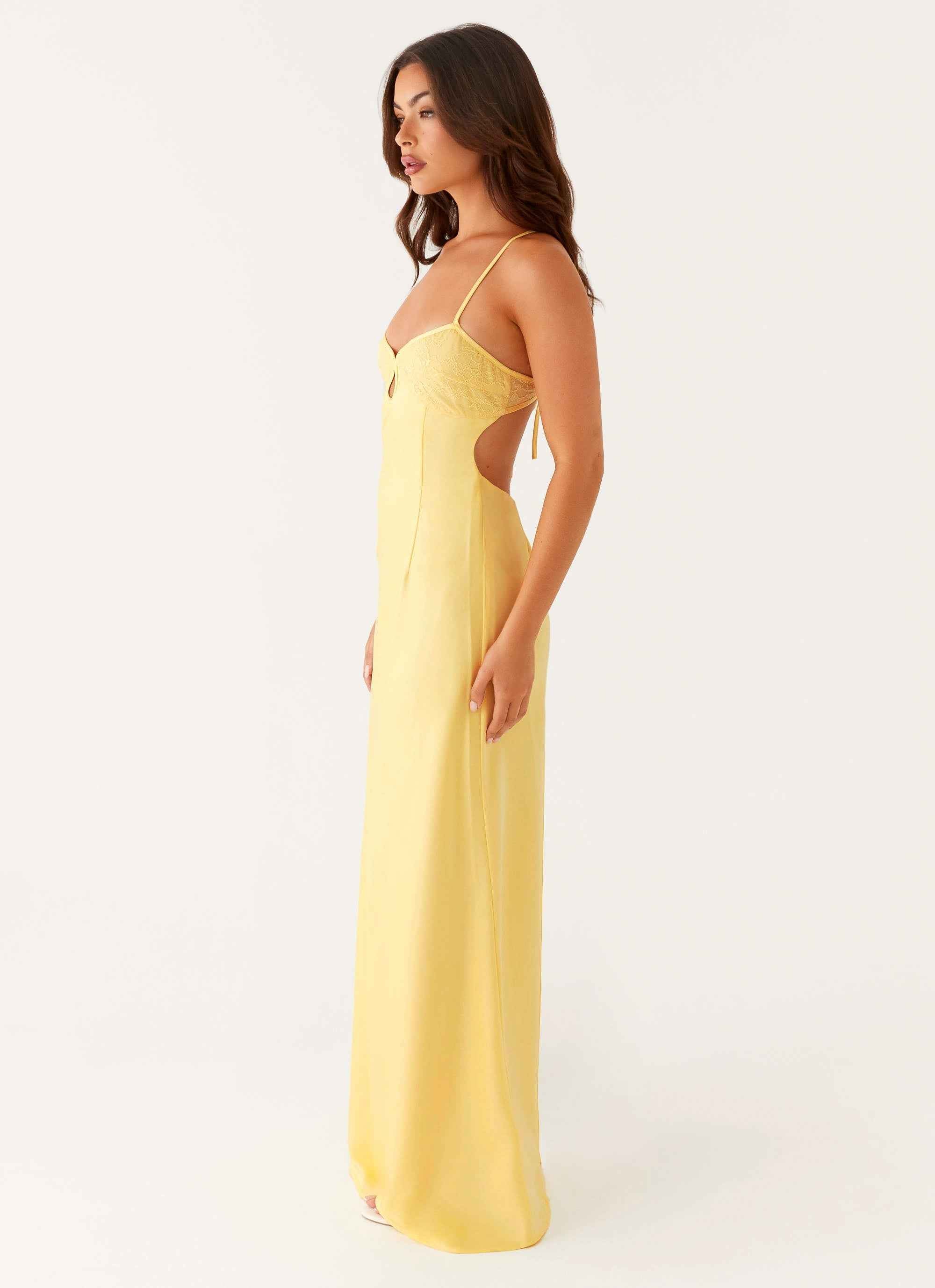 Joanie Maxi Dress - Yellow Lace Satin