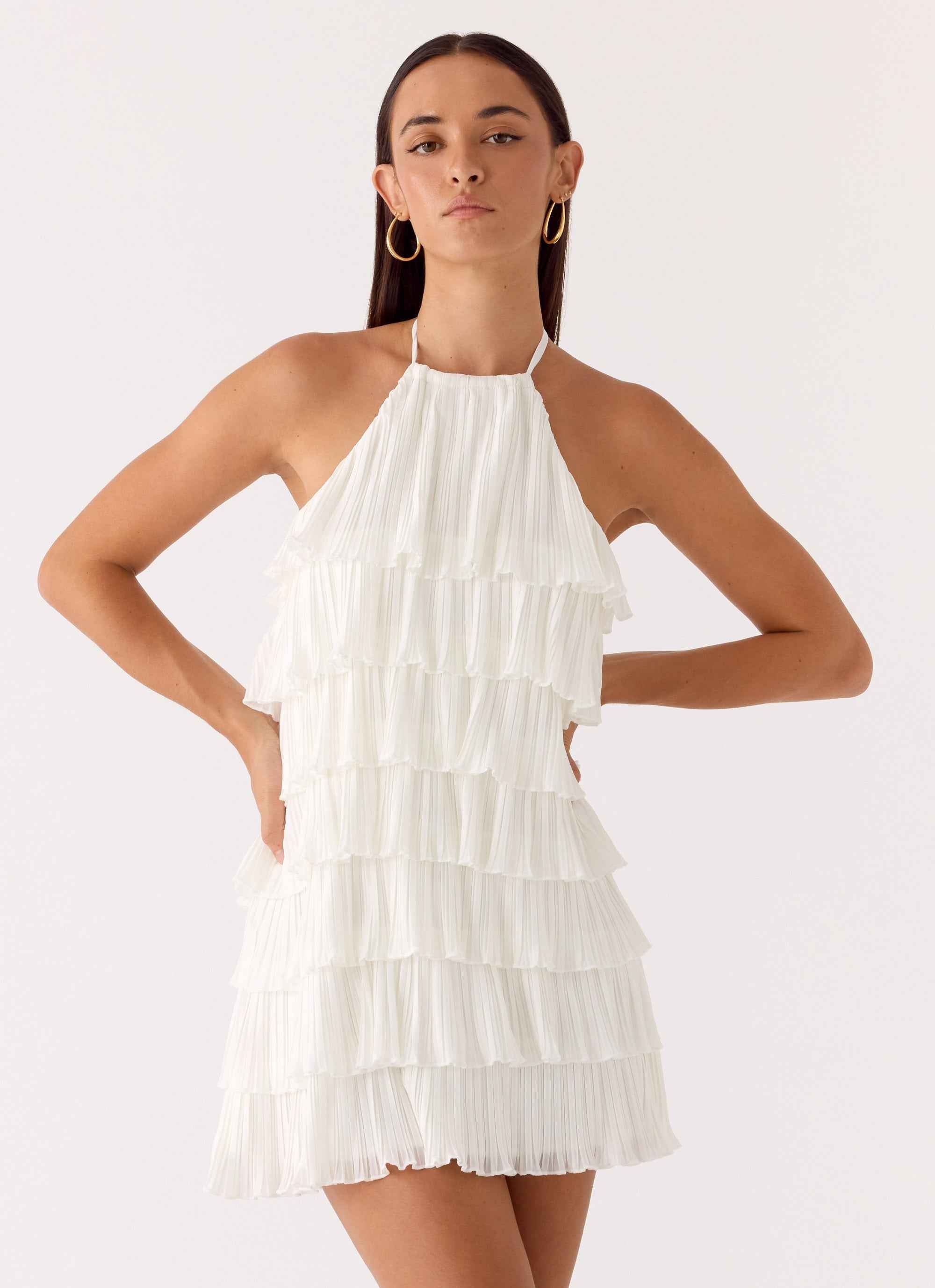 Lunar Bloom Mini Dress - Ivory Halter Neck