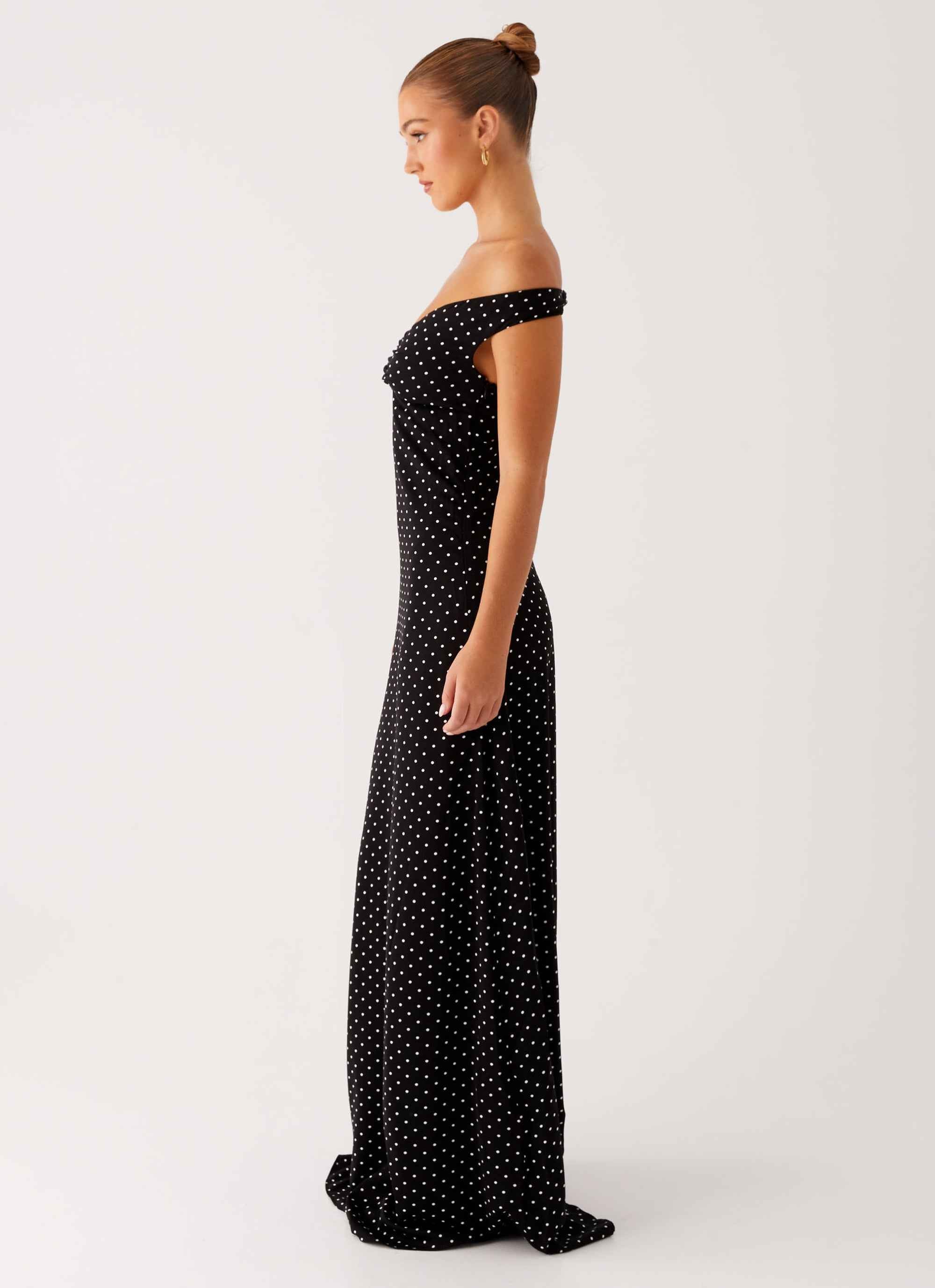 Melany Maxi Dress - Black Polka Dot Off-Shoulder