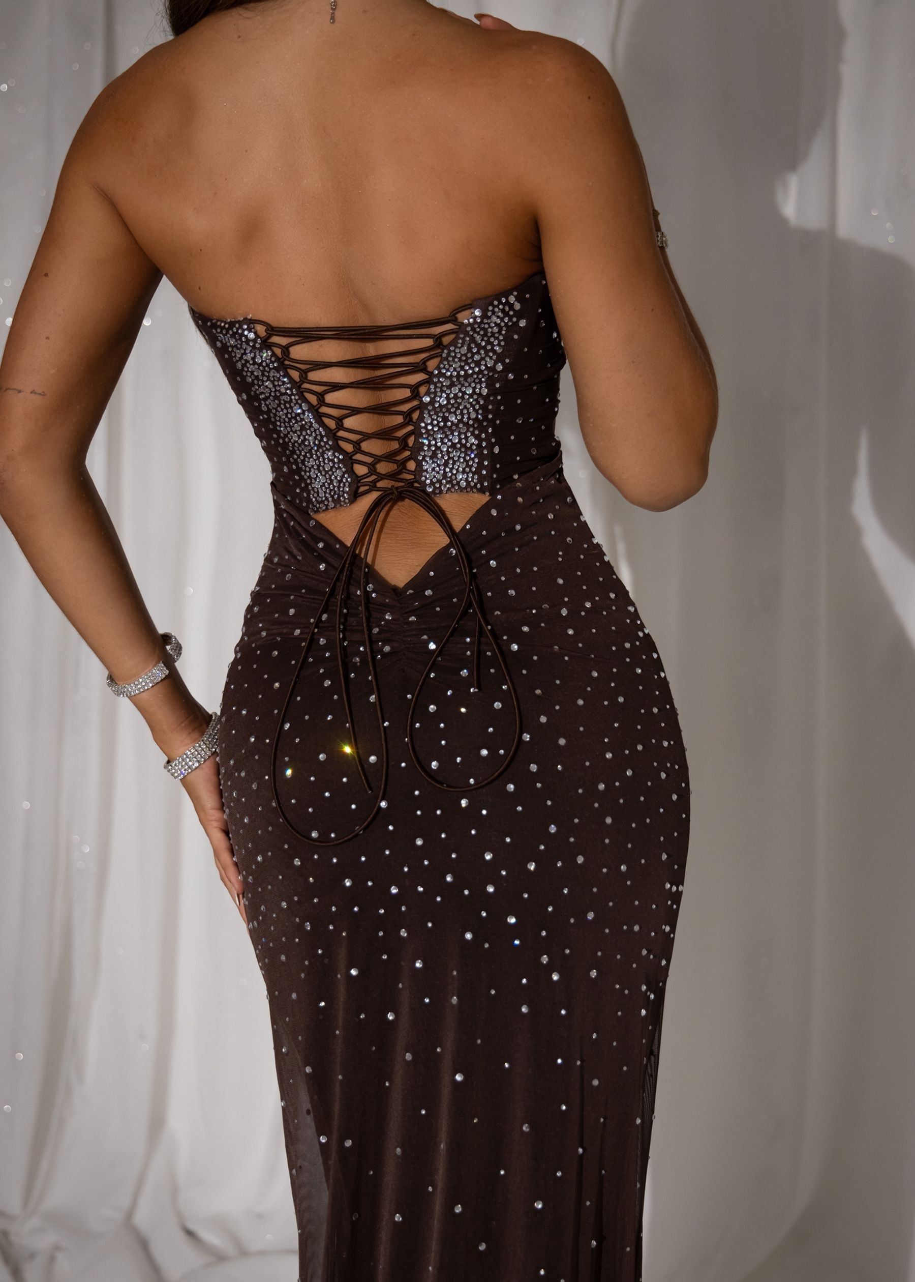 Diamond Elegance Embellished Maxi Dress - Brown ICYBOO