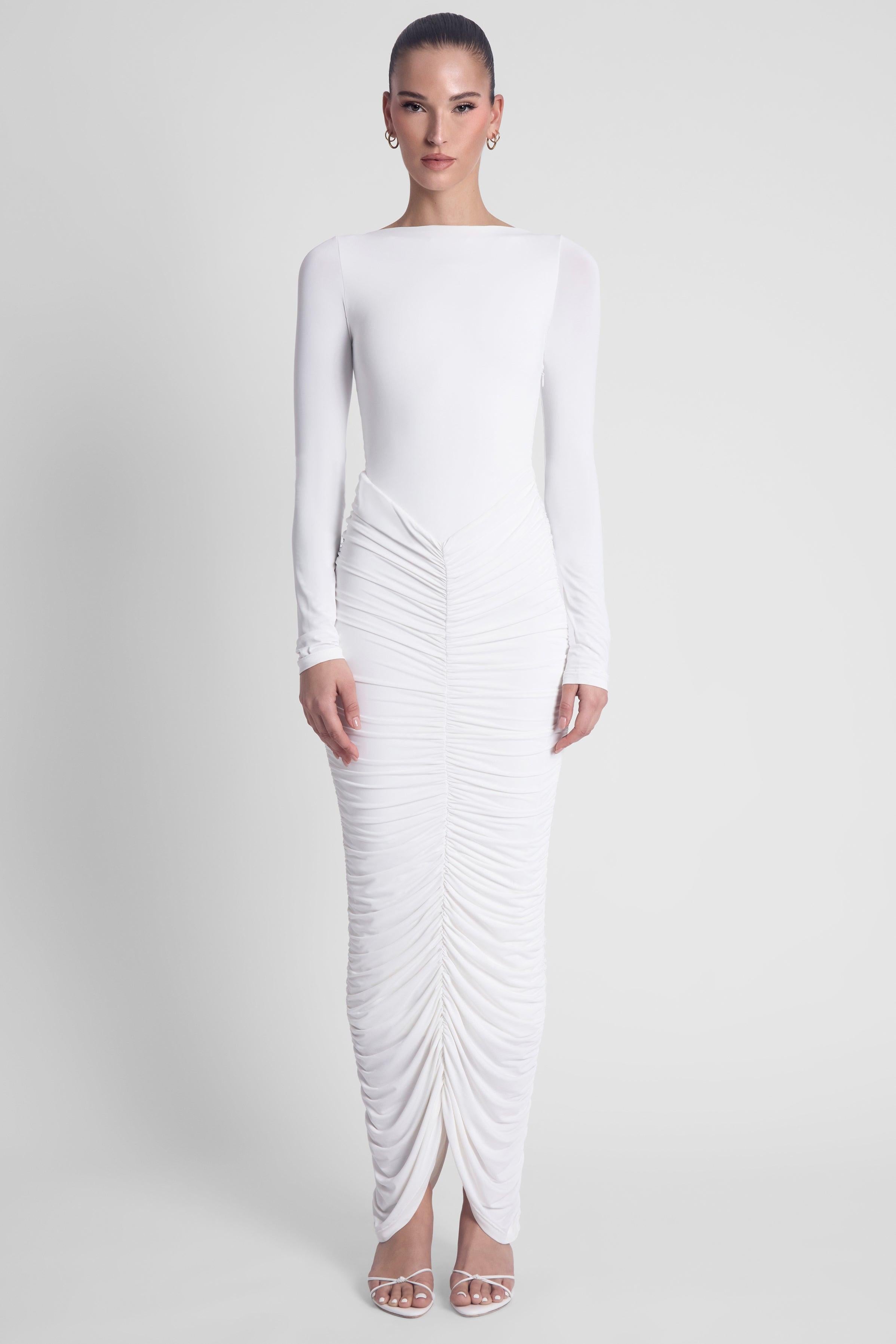 White Rhea Ruche Maxi Dress ICYBOO