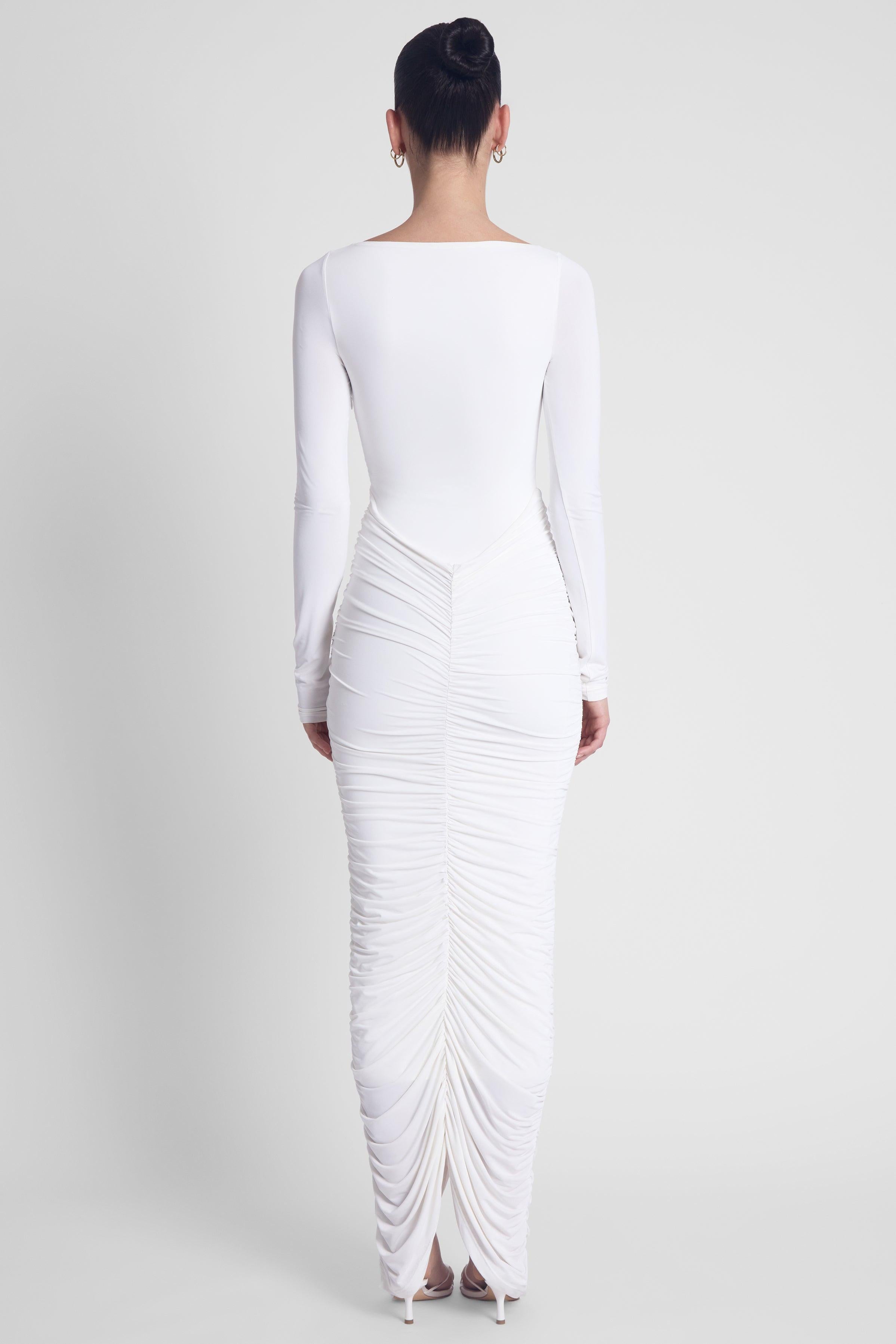 White Rhea Ruche Maxi Dress ICYBOO