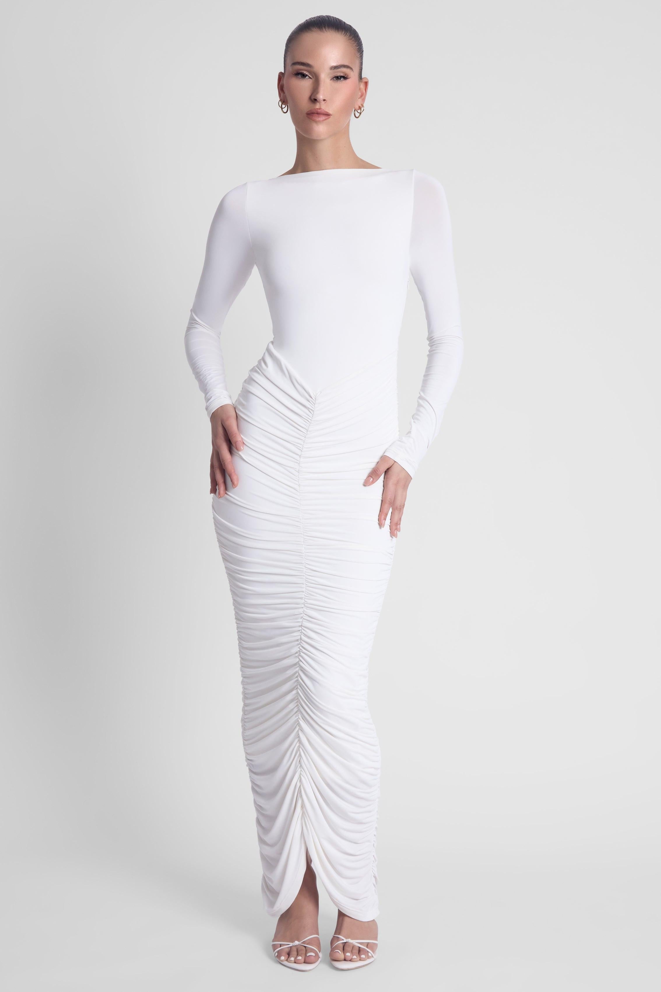 White Rhea Ruche Maxi Dress ICYBOO