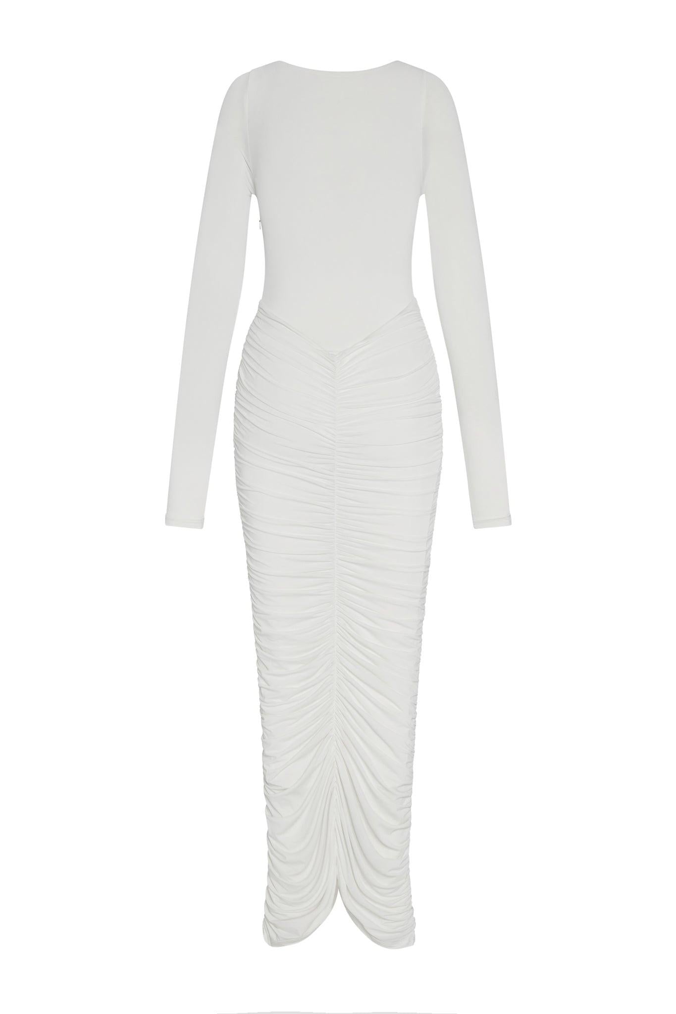 White Rhea Ruche Maxi Dress ICYBOO