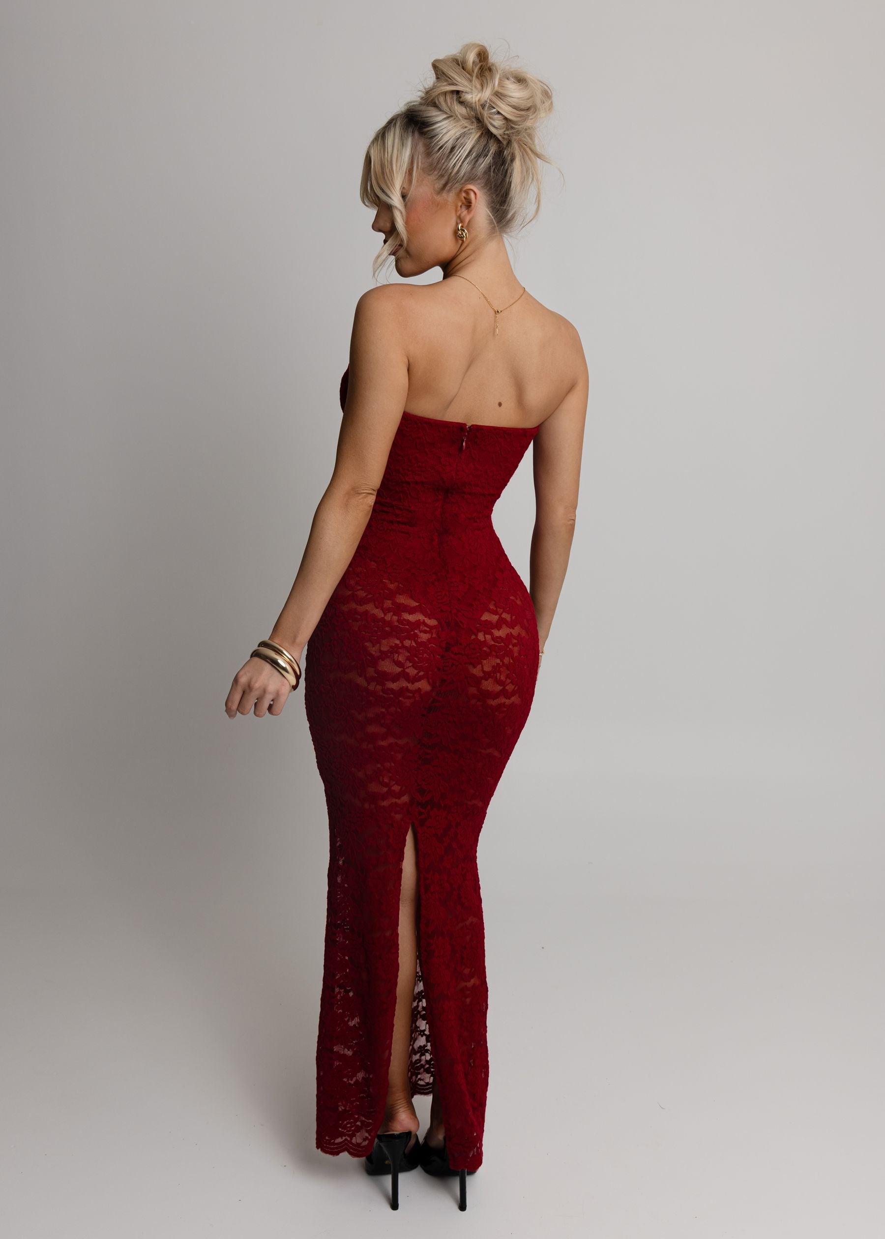 Rumour Has It Sheer Lace Maxi Dress - Wine ICYBOO
