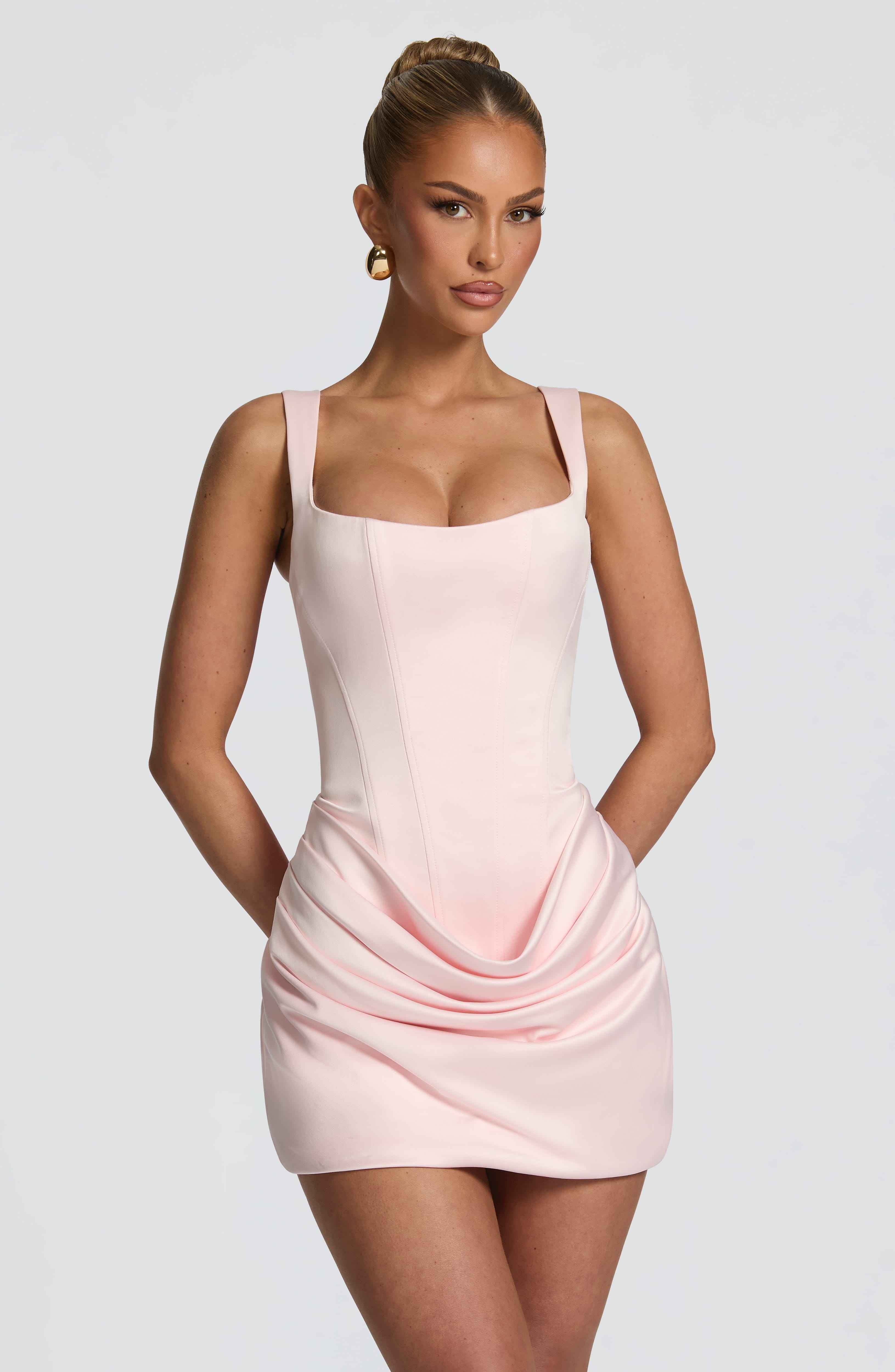 Imogen Satin Pleated Mini Party Dress - Blush