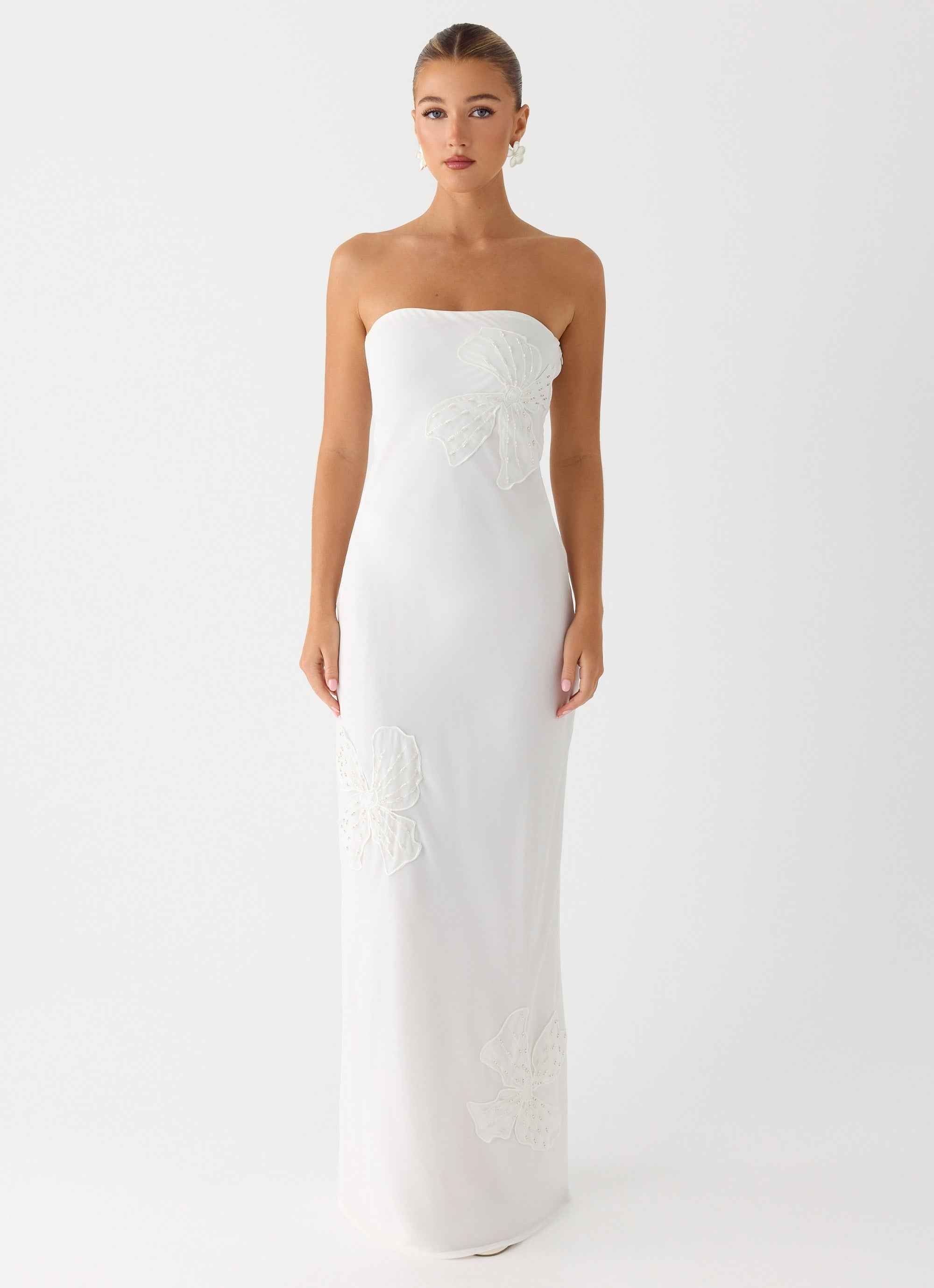 Sassafras Beaded Flower Strapless Maxi Dress - White