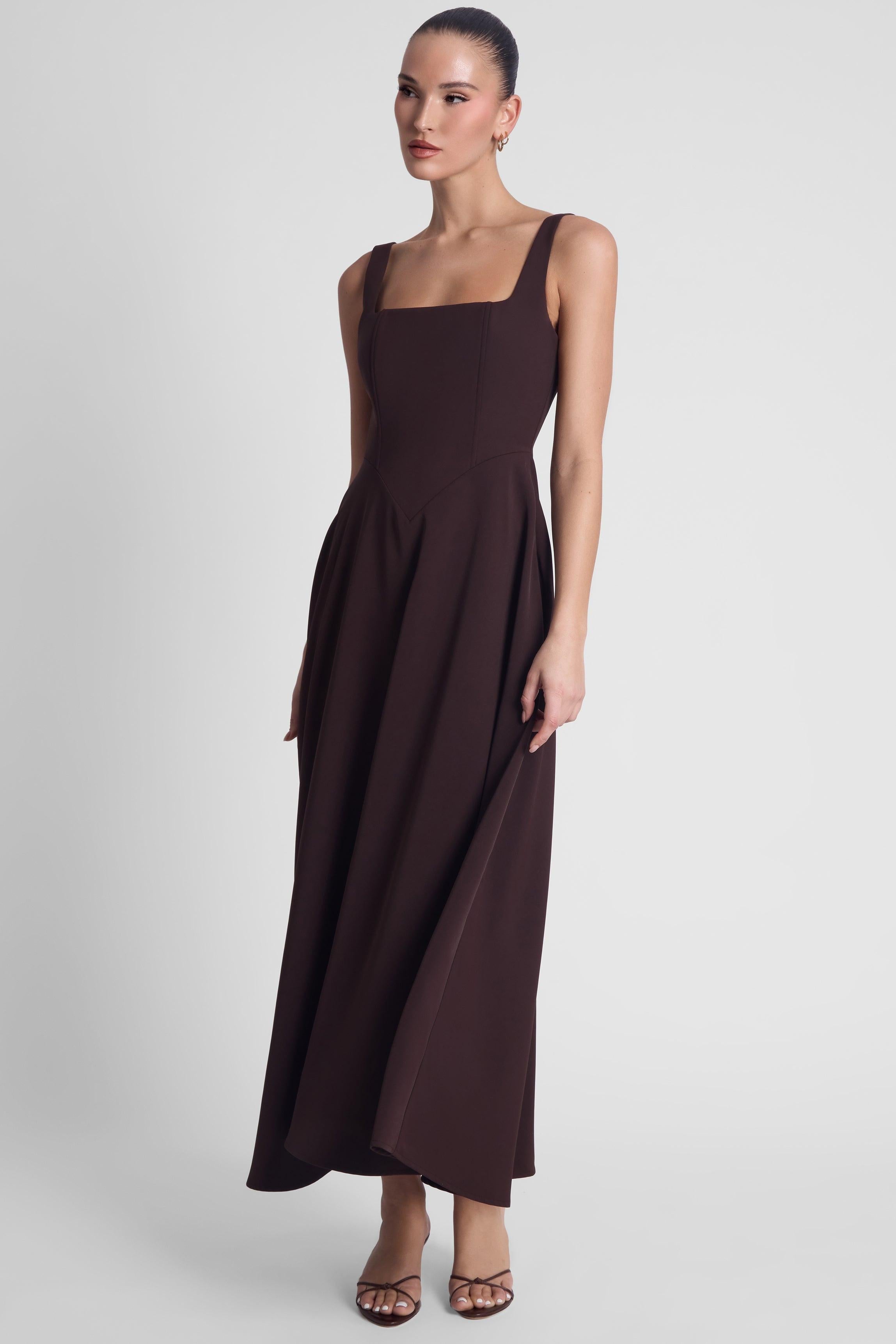 Chocolate Brown Serenity Corset Midi Dress with Square Neckline ICYBOO