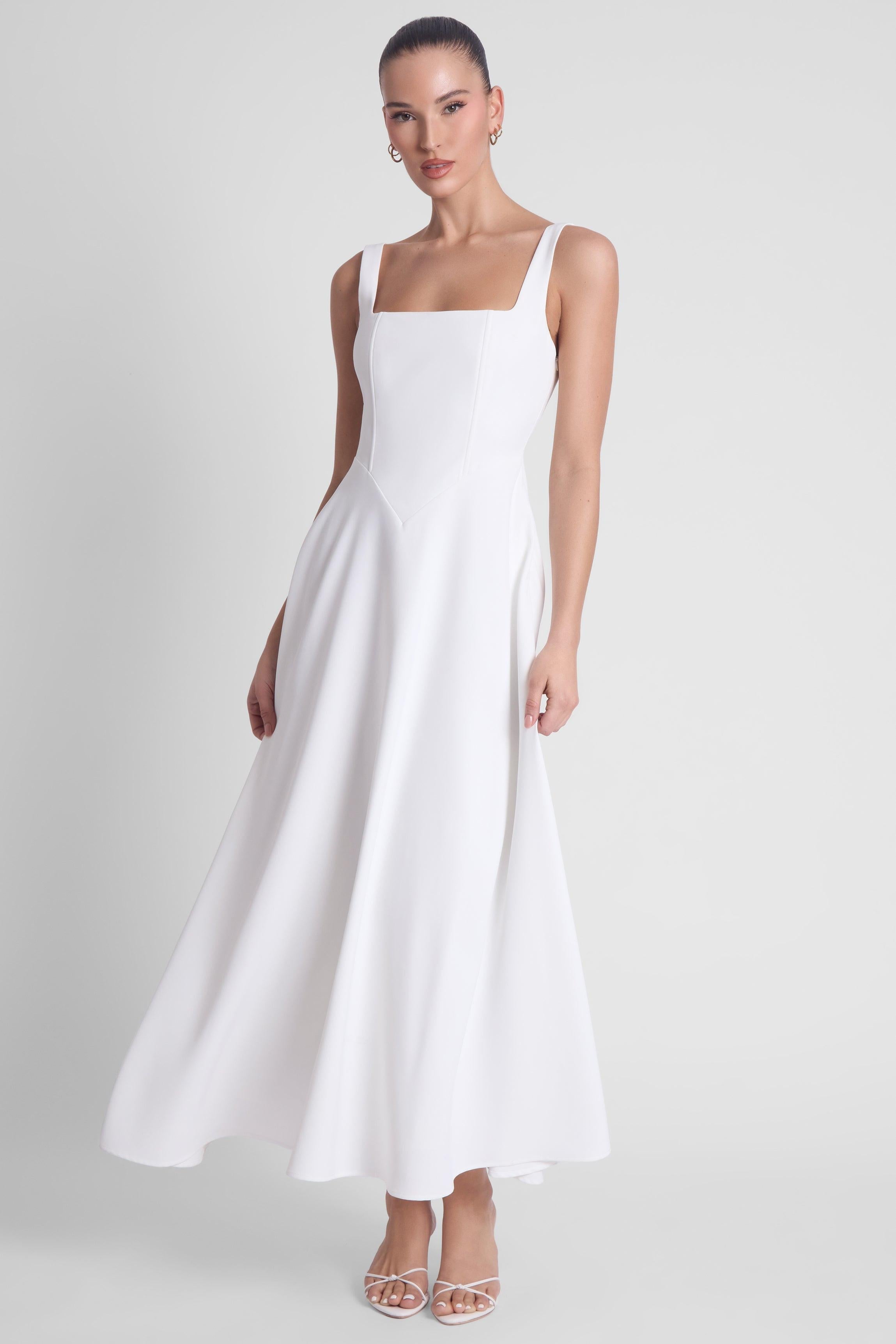 White Serenity Midi Dress with Square Neck Corset Design ICYBOO