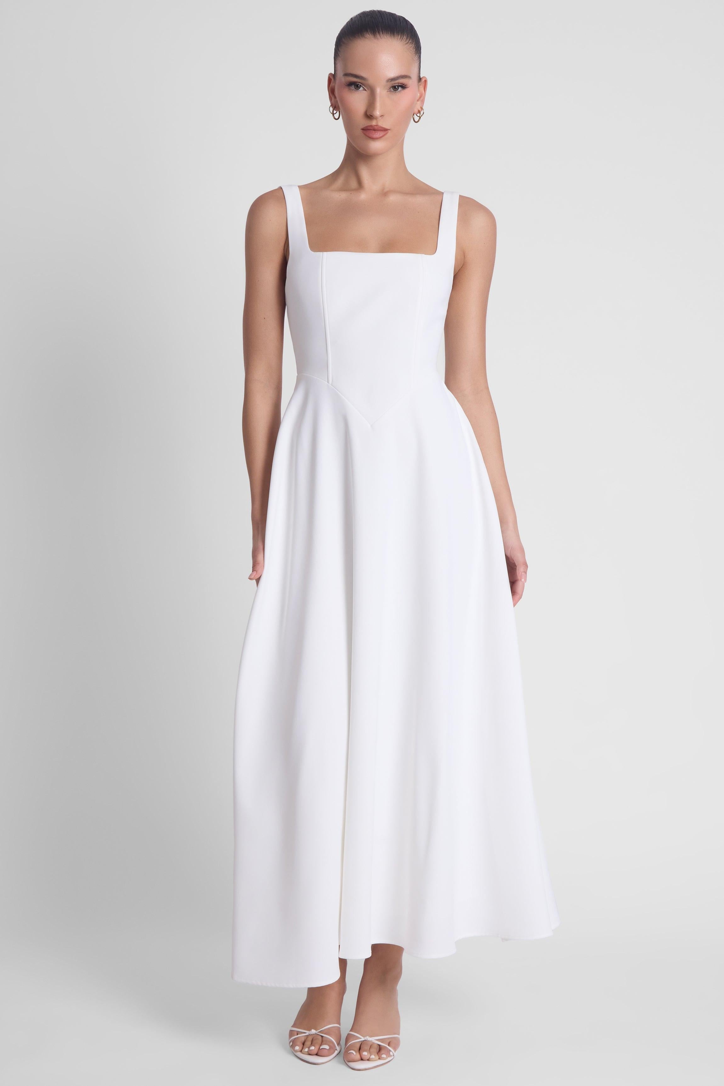 White Serenity Midi Dress with Square Neck Corset Design ICYBOO