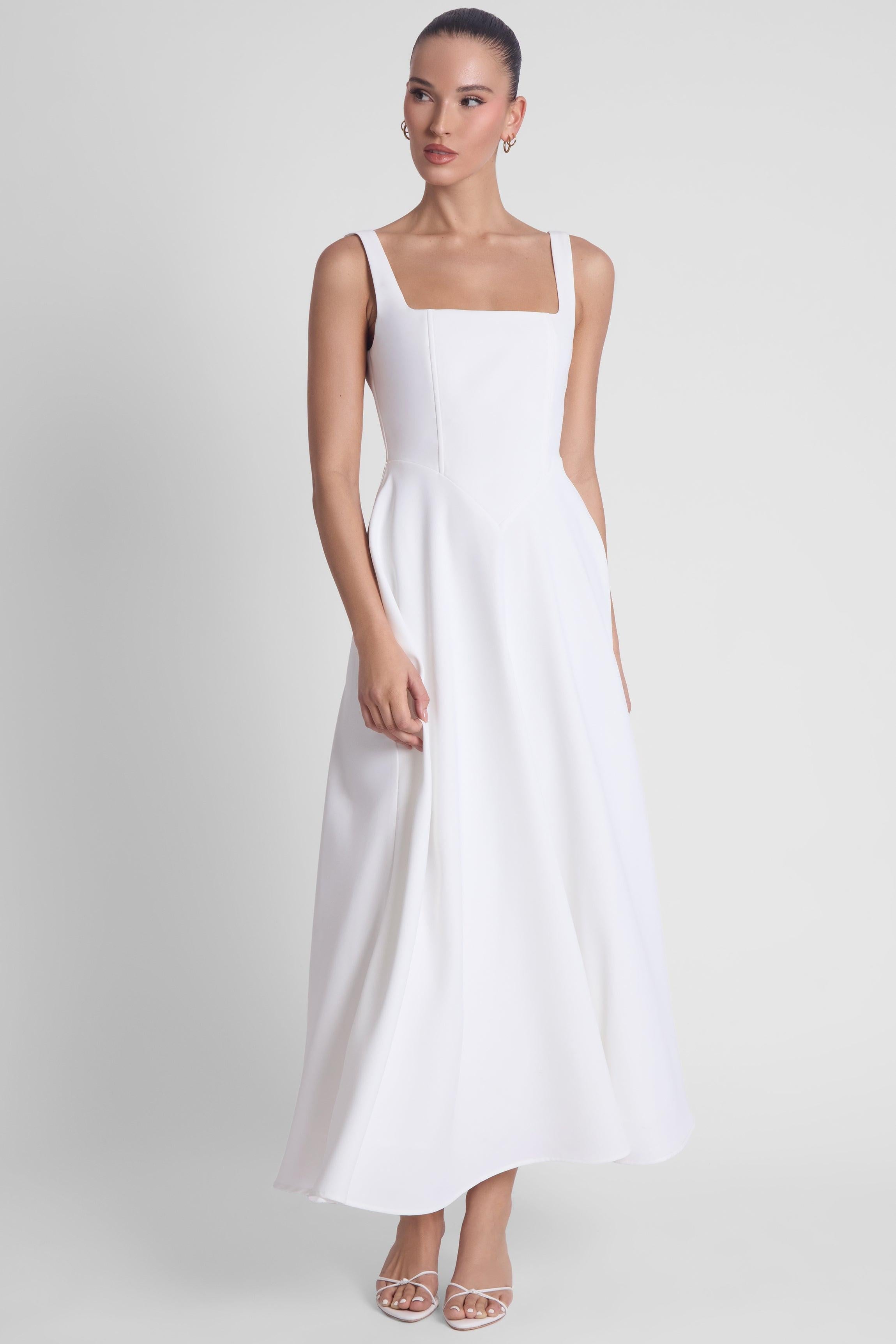 White Serenity Midi Dress with Square Neck Corset Design ICYBOO