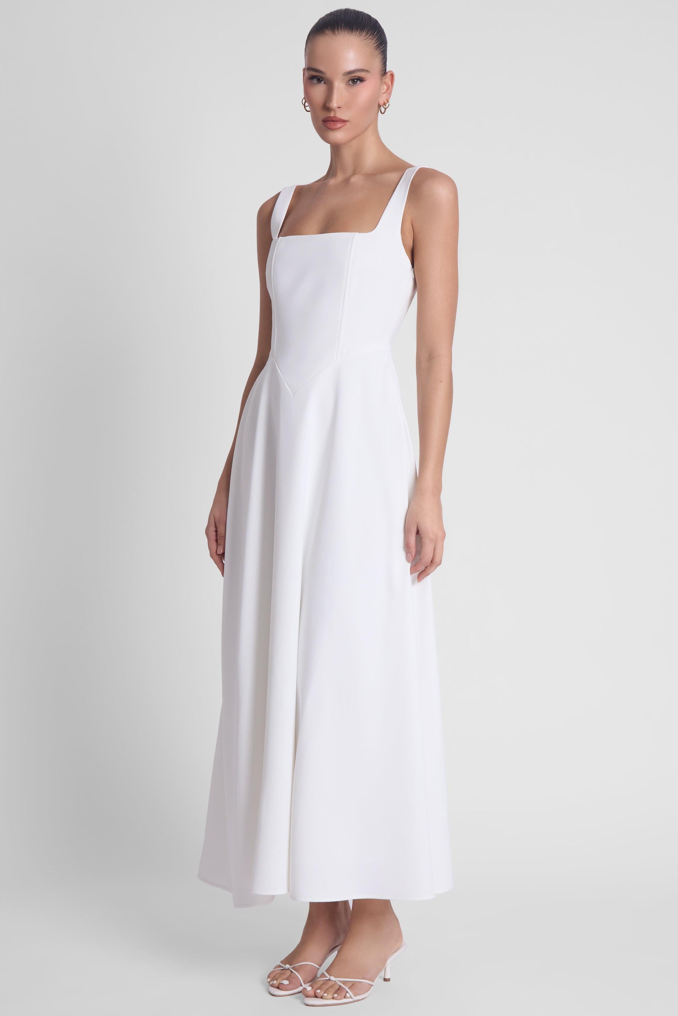 White Serenity Midi Dress with Square Neck Corset Design ICYBOO