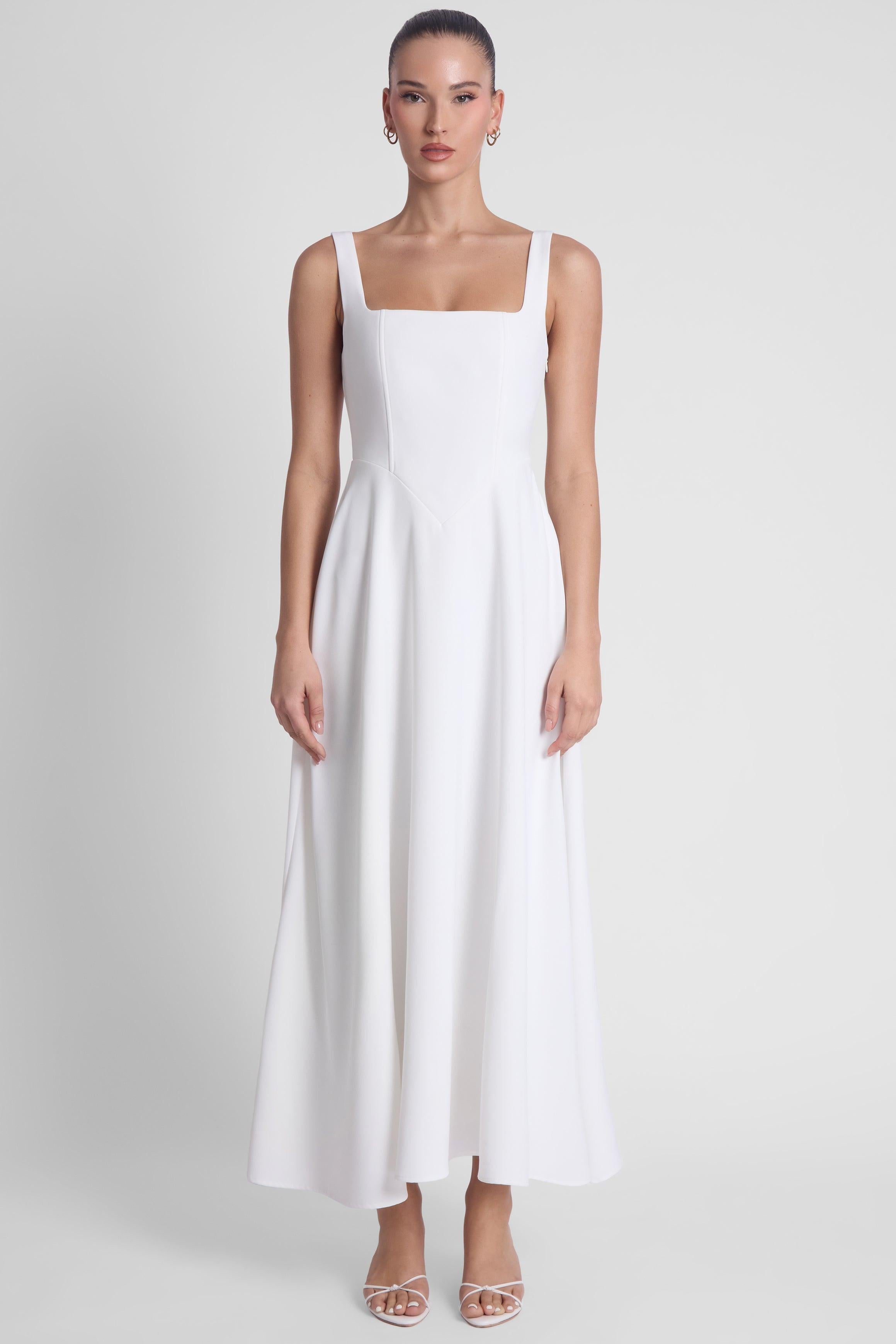 White Serenity Midi Dress with Square Neck Corset Design ICYBOO