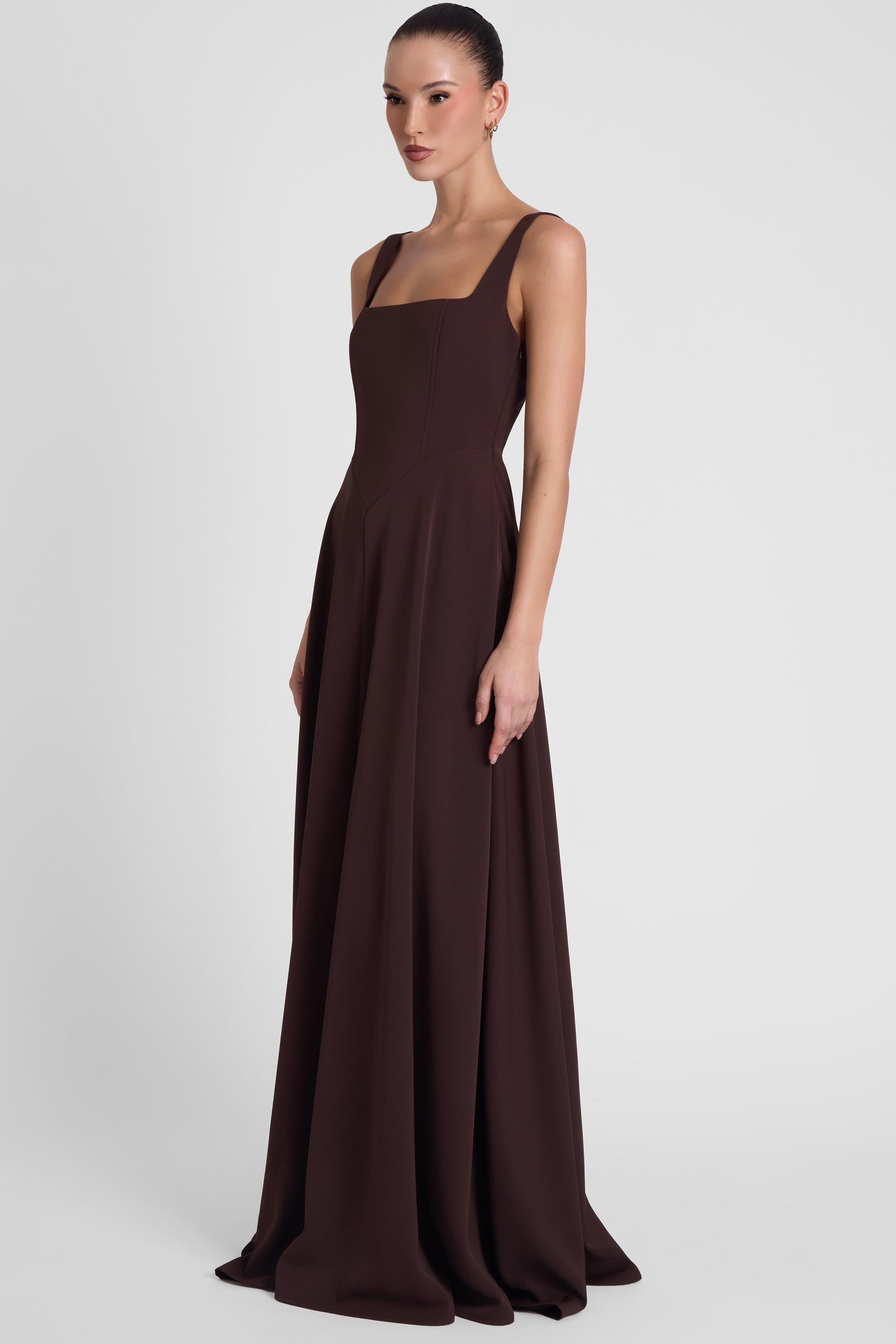 Chocolate Brown Siren Square Neck Corset Maxi Dress ICYBOO