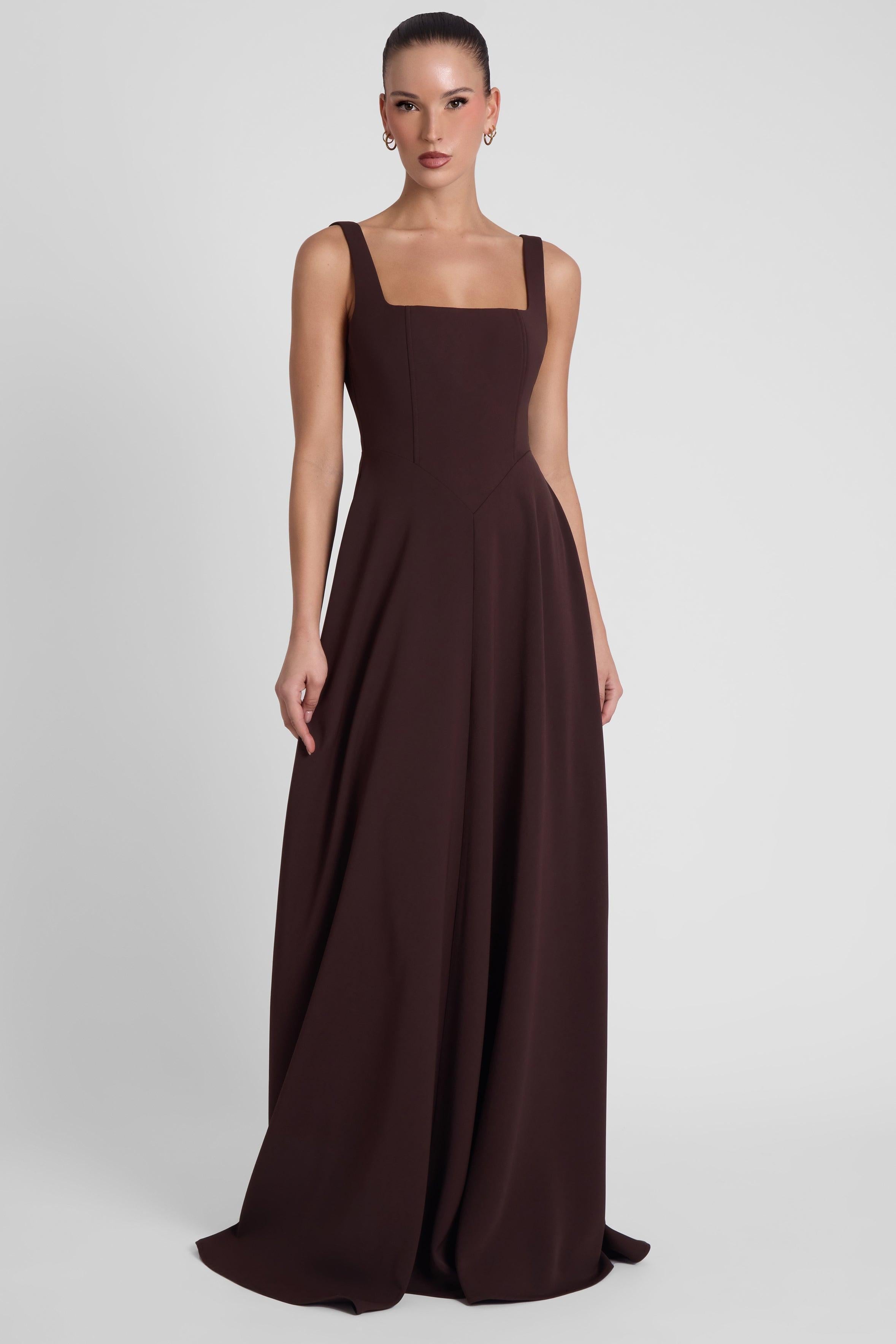 Chocolate Brown Siren Square Neck Corset Maxi Dress ICYBOO