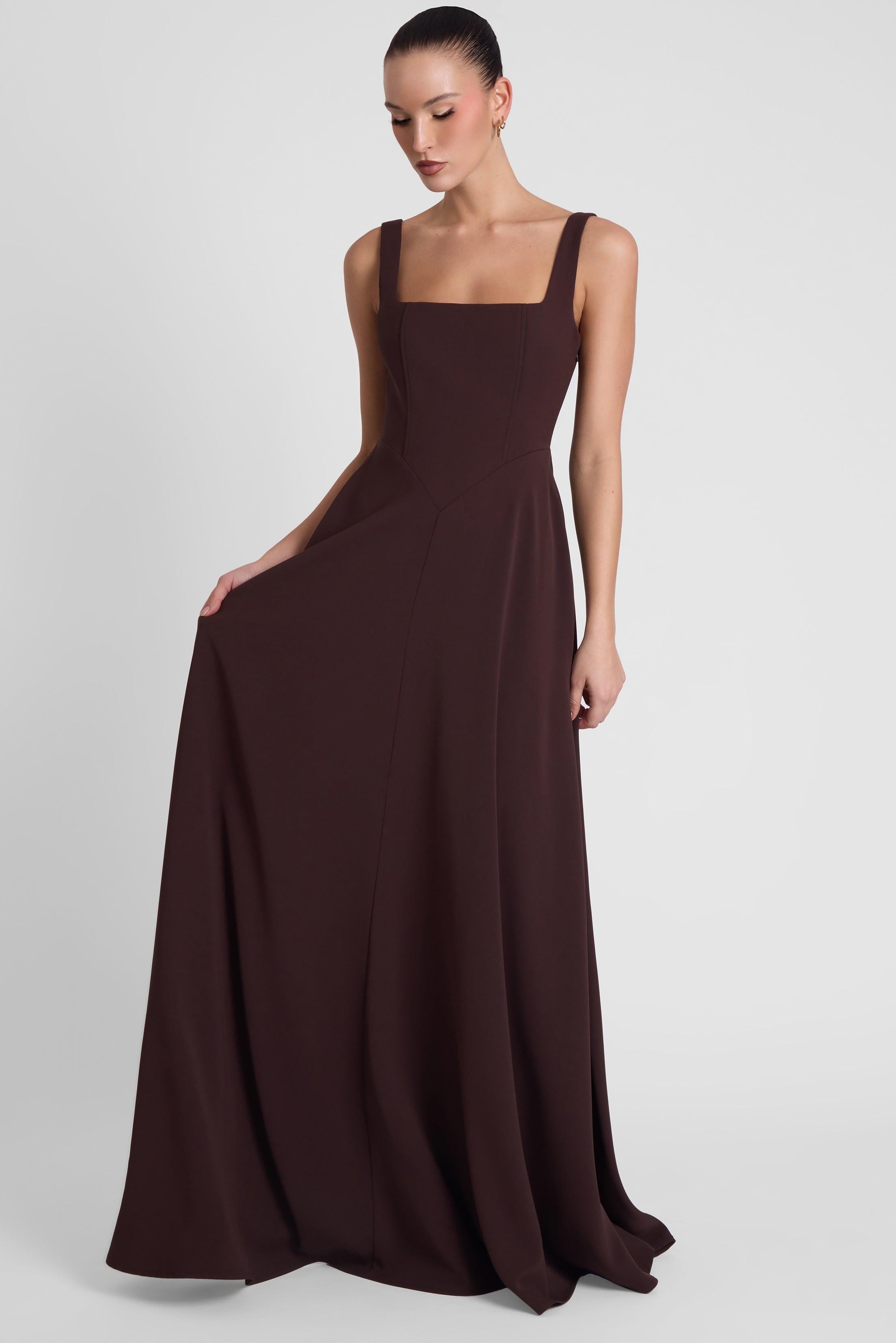 Chocolate Brown Siren Square Neck Corset Maxi Dress ICYBOO
