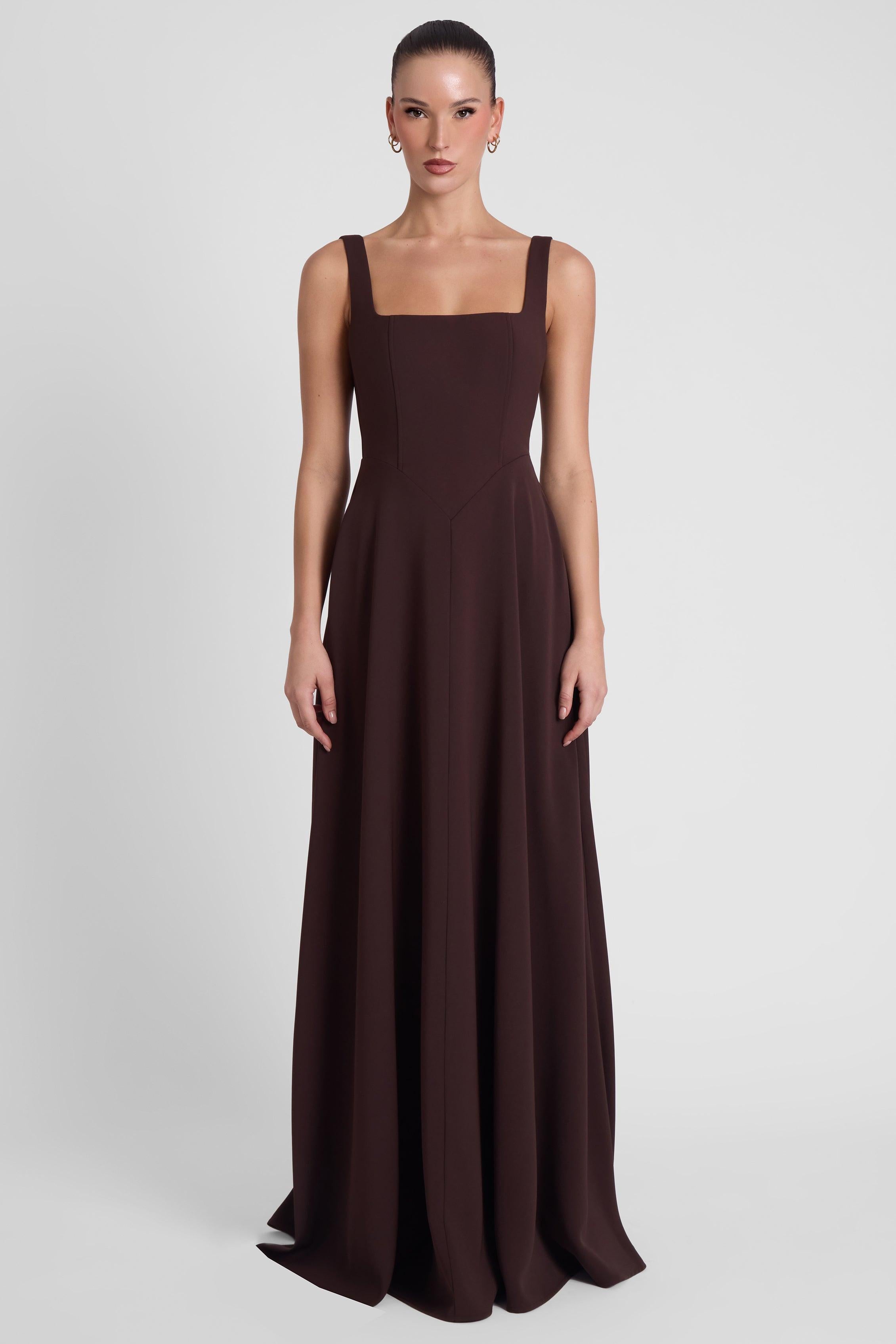 Chocolate Brown Siren Square Neck Corset Maxi Dress ICYBOO