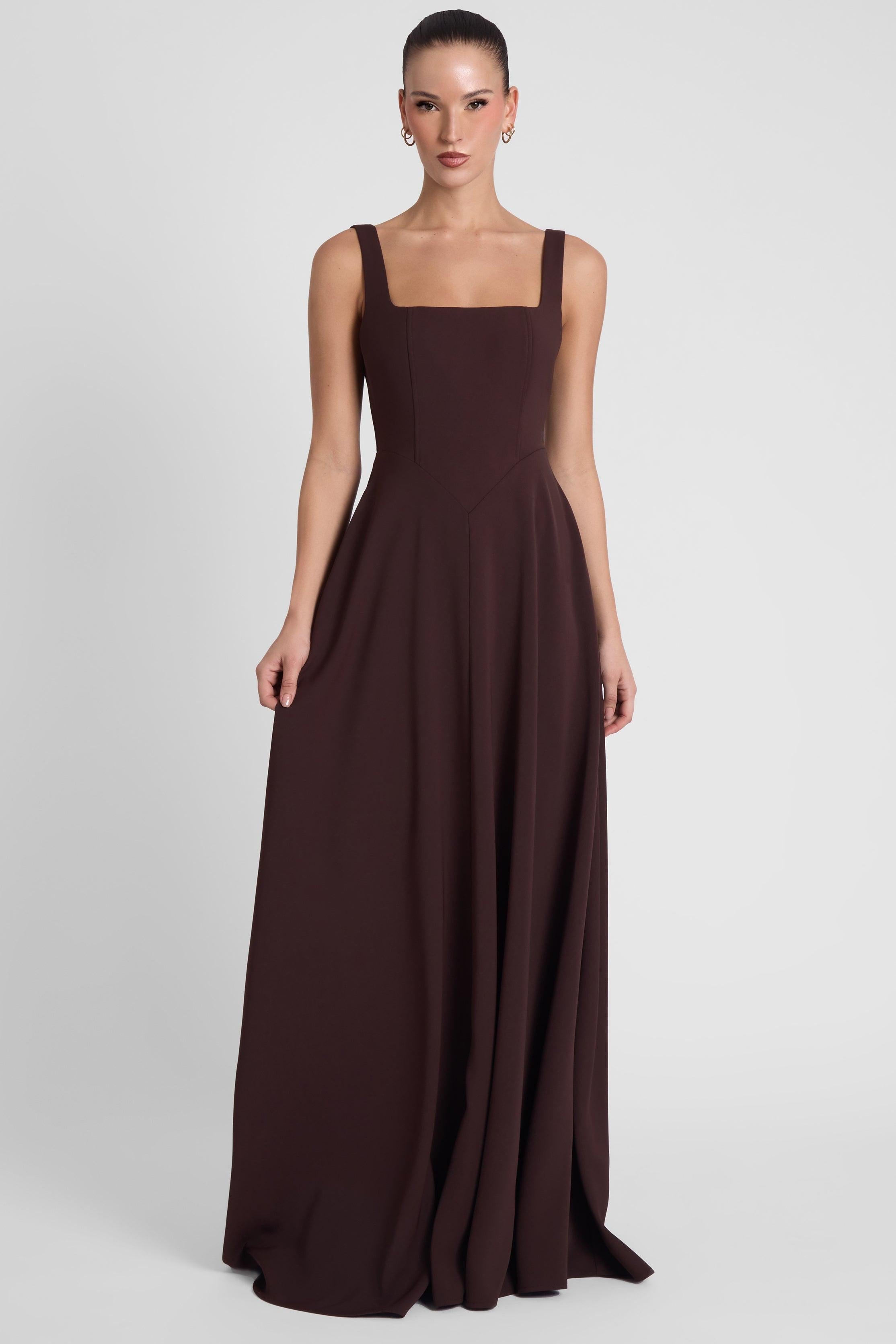 Chocolate Brown Siren Square Neck Corset Maxi Dress ICYBOO