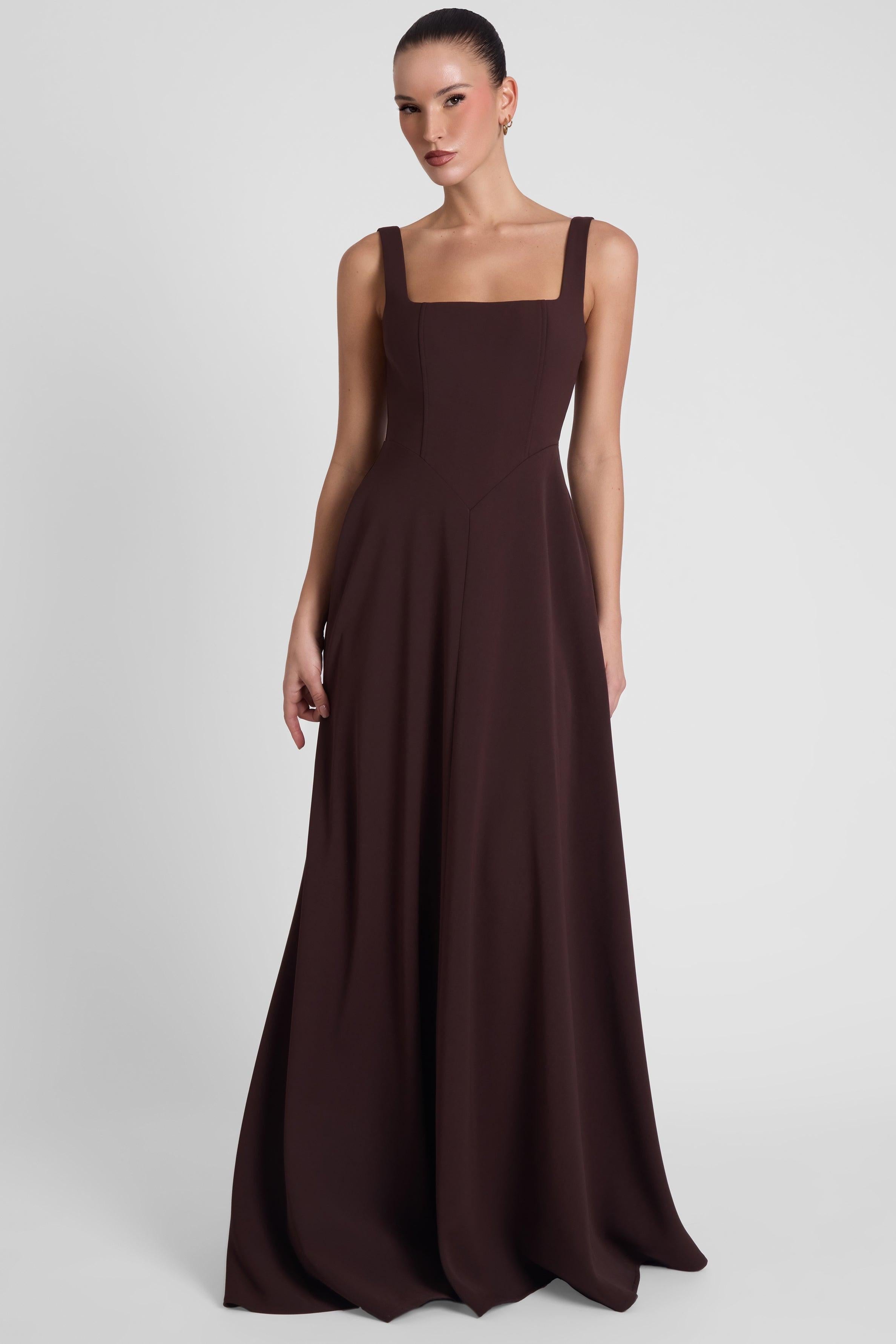 Chocolate Brown Siren Square Neck Corset Maxi Dress ICYBOO