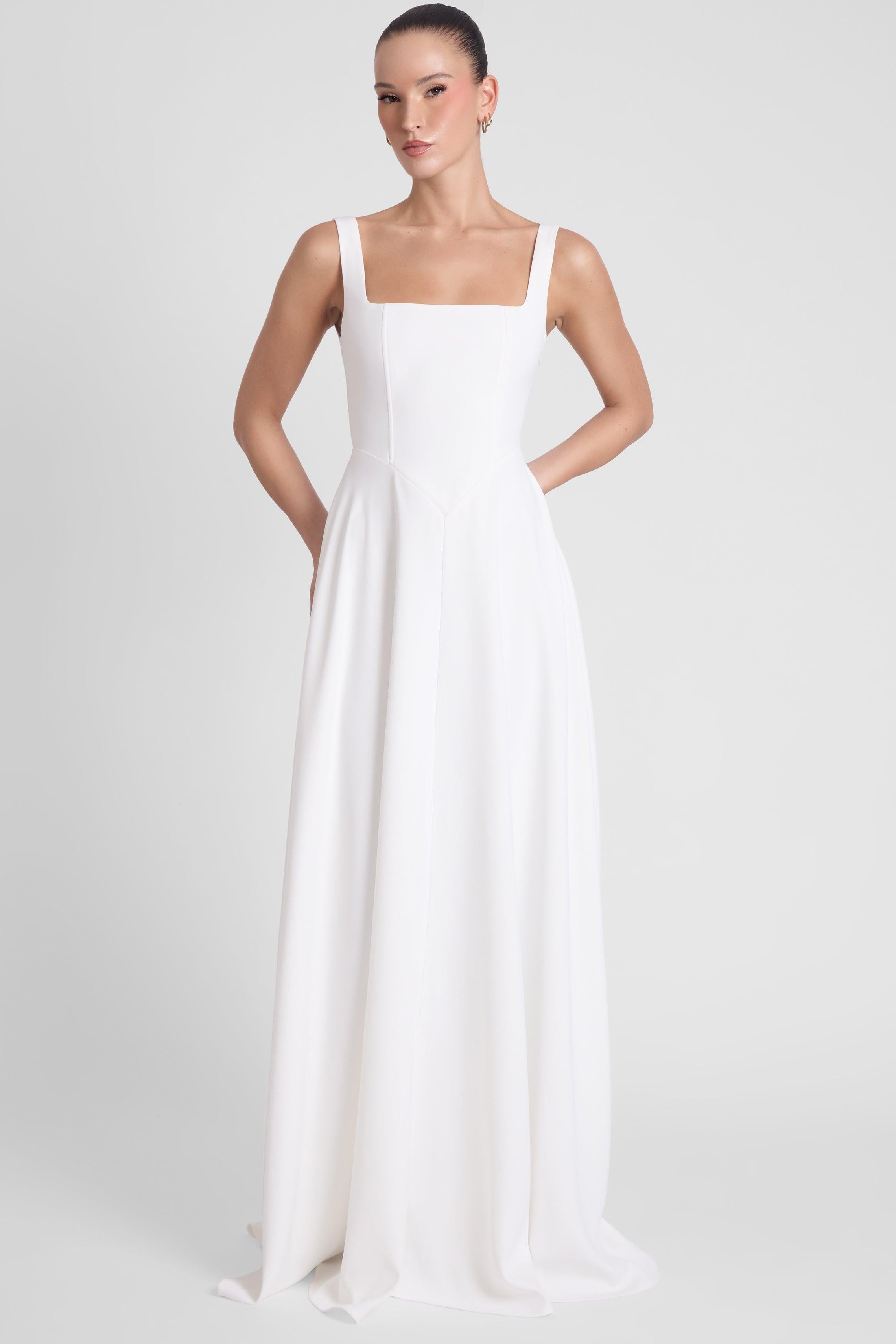 White Siren Maxi Dress with Square Neck and Corset Design ICYBOO