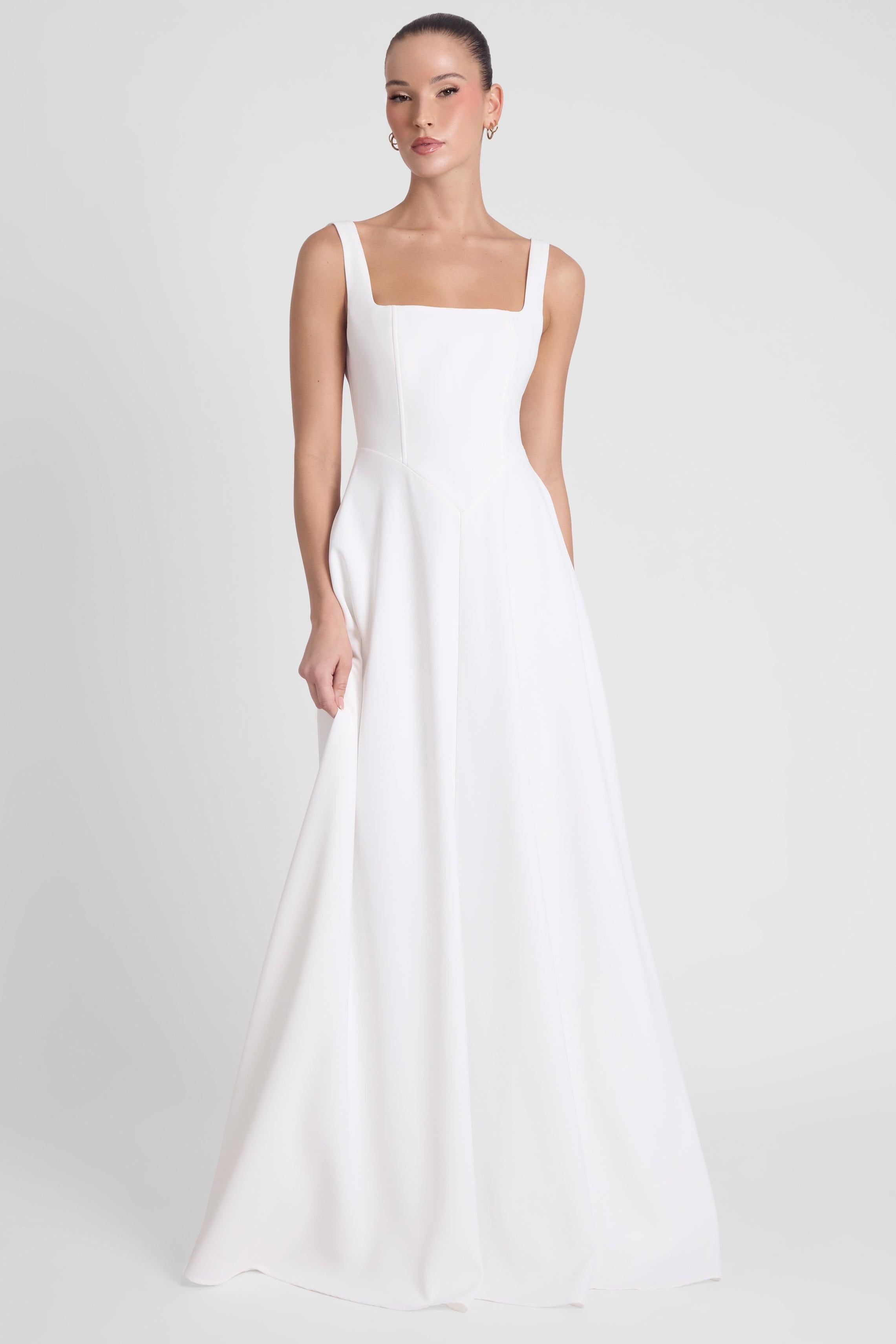 White Siren Maxi Dress with Square Neck and Corset Design ICYBOO