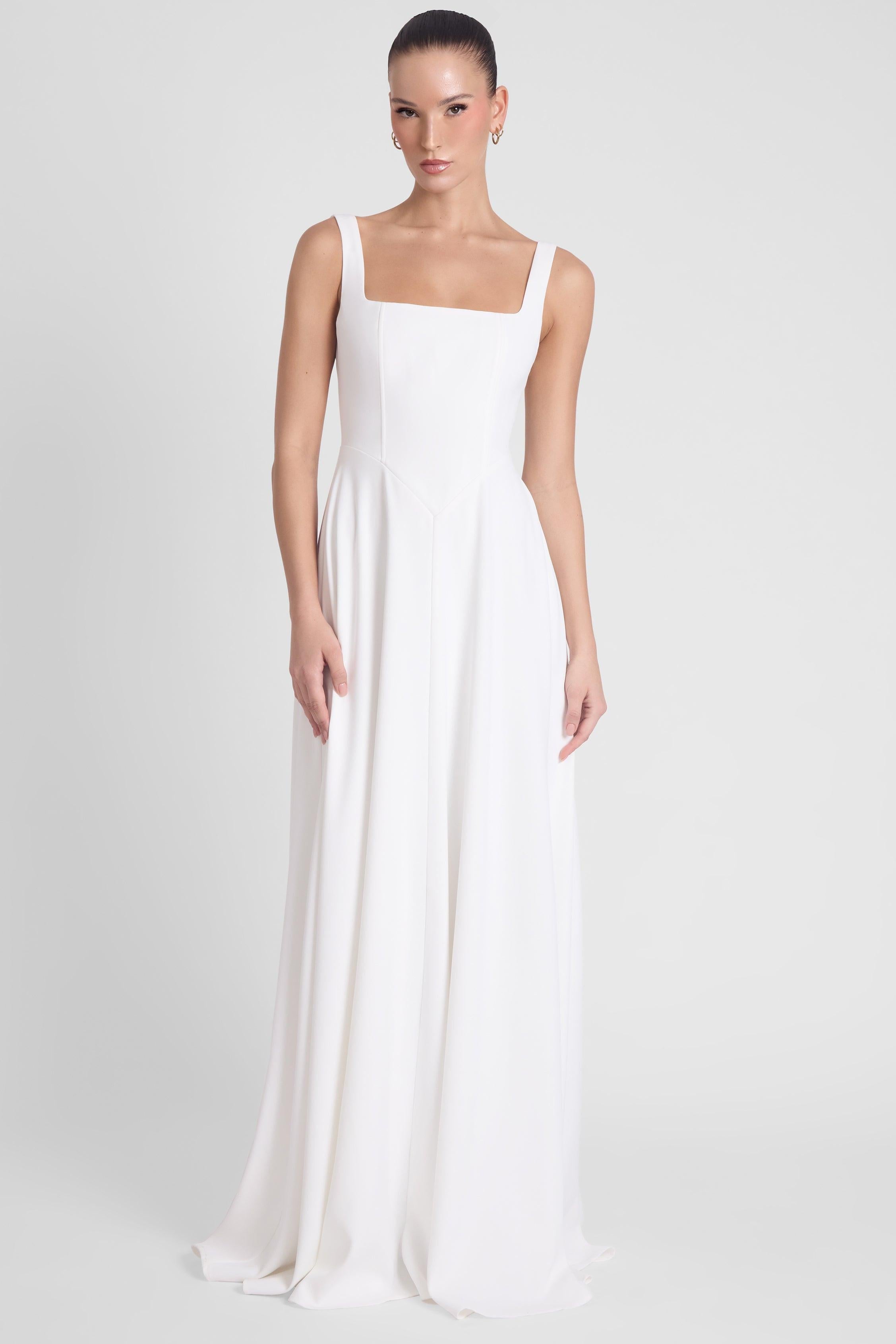 White Siren Maxi Dress with Square Neck and Corset Design ICYBOO