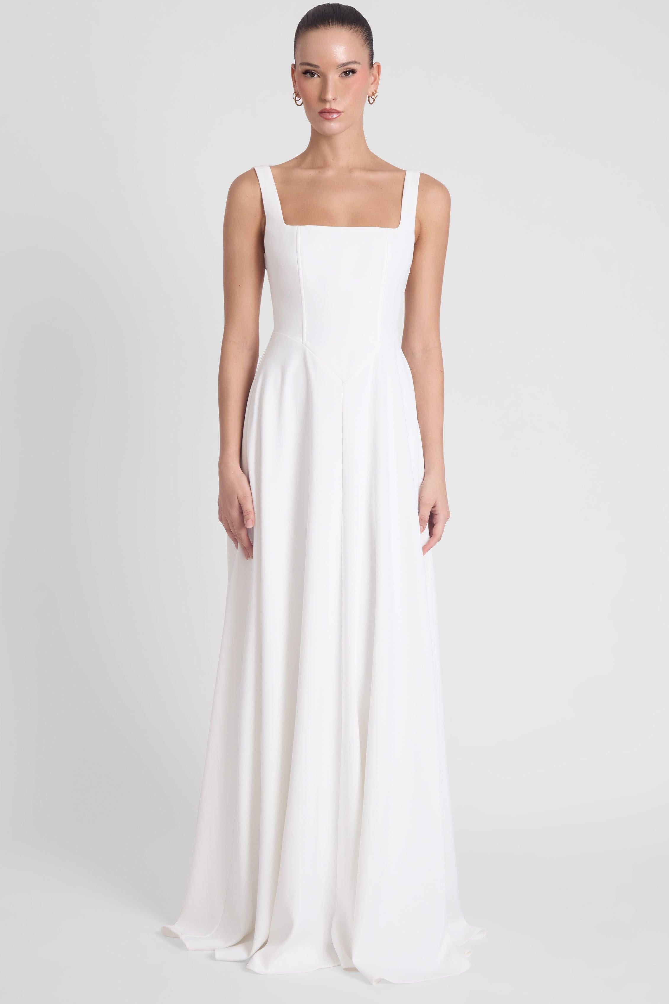 White Siren Maxi Dress with Square Neck and Corset Design ICYBOO