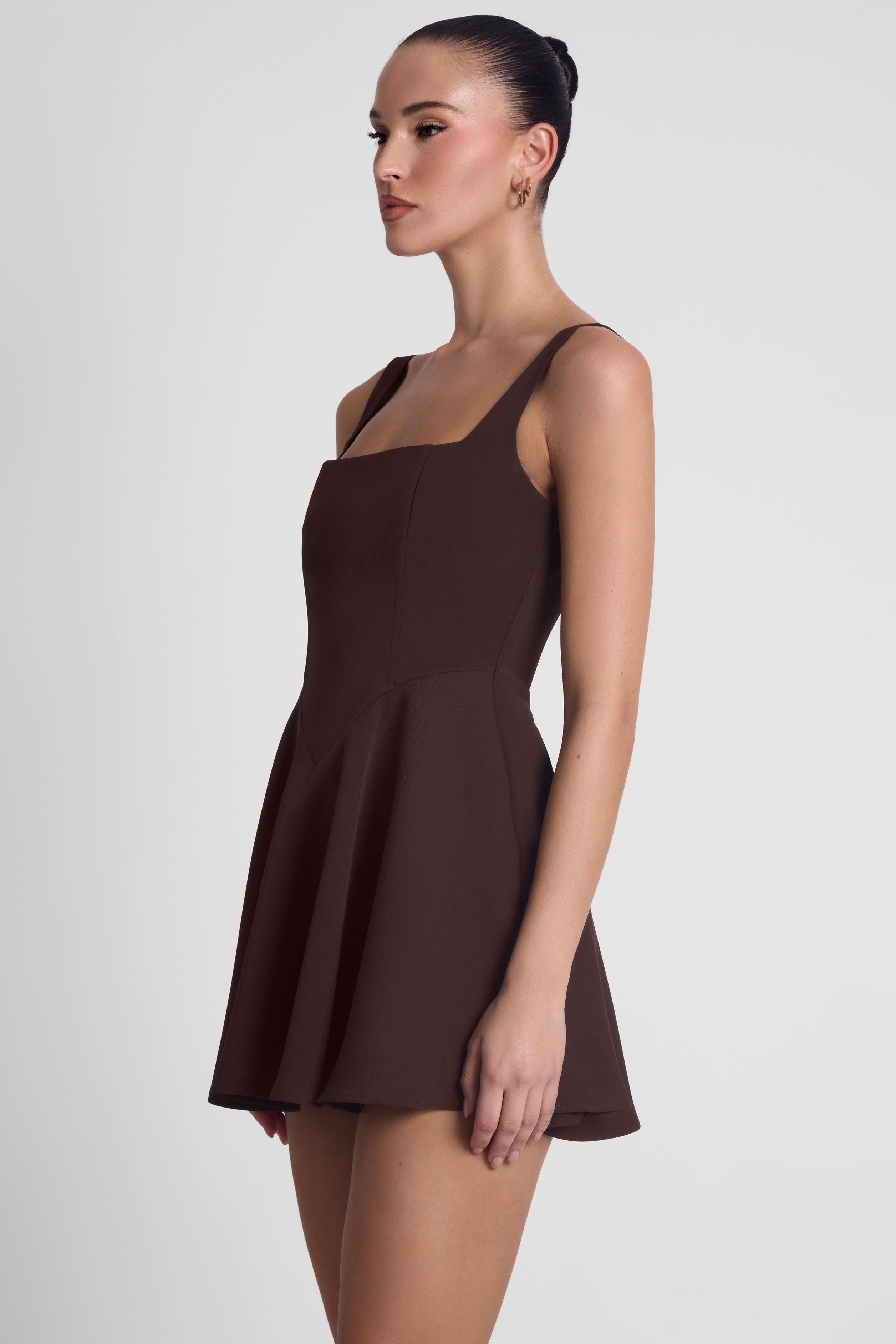 Chocolate Brown Sloane Square Neck Corset Mini Dress ICYBOO