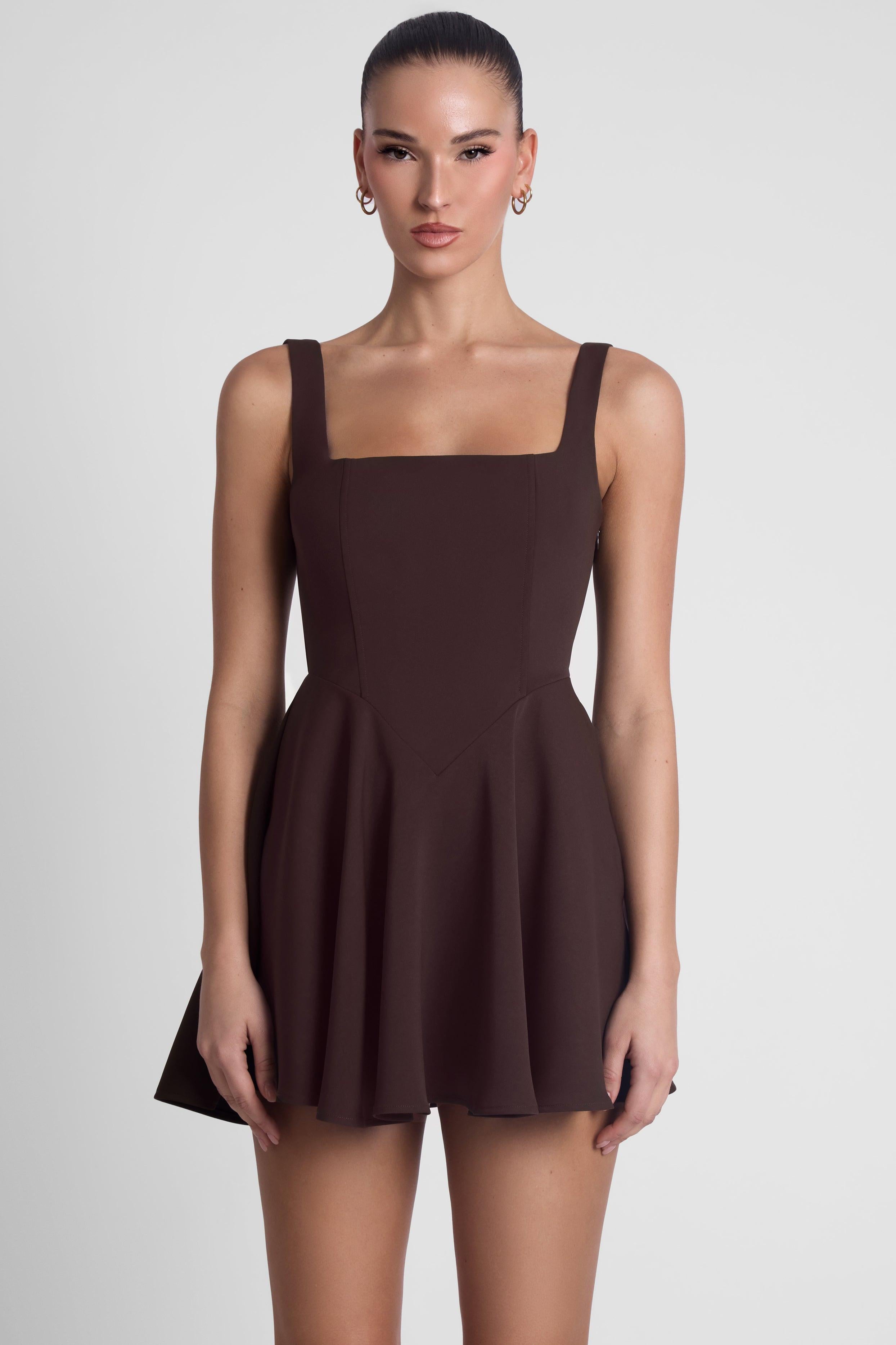 Chocolate Brown Sloane Square Neck Corset Mini Dress ICYBOO