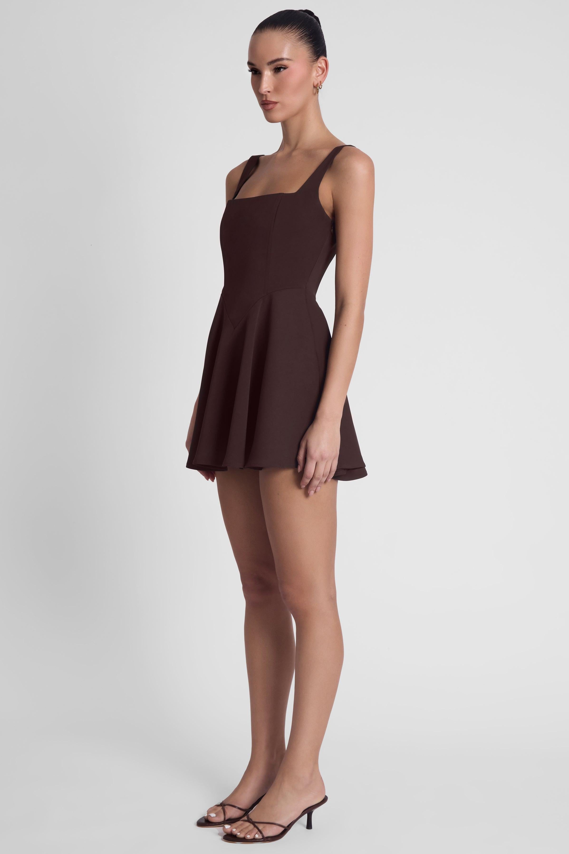 Chocolate Brown Sloane Square Neck Corset Mini Dress ICYBOO