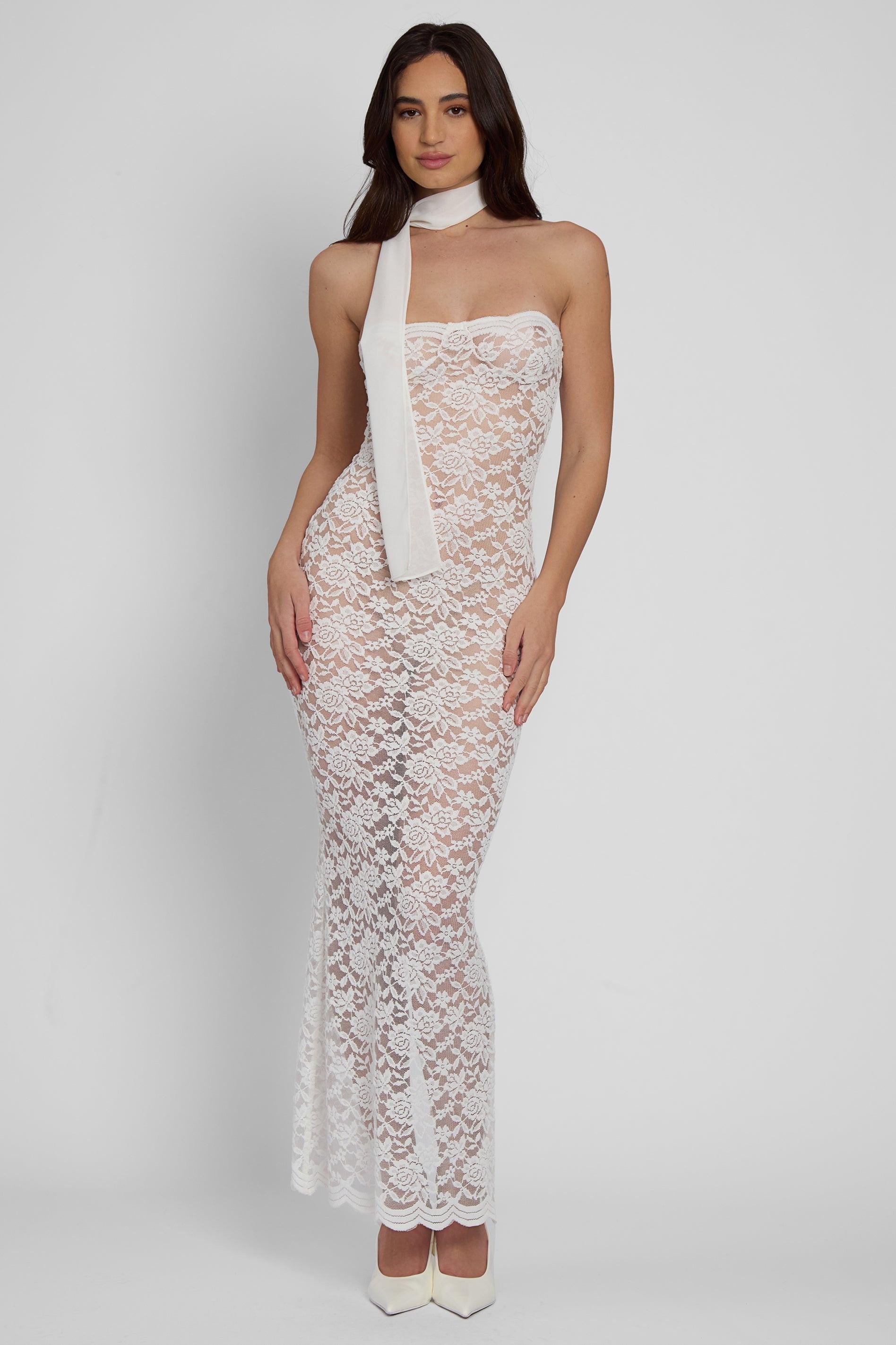 White Soleil Scalloped Lace Midi Dress ICYBOO