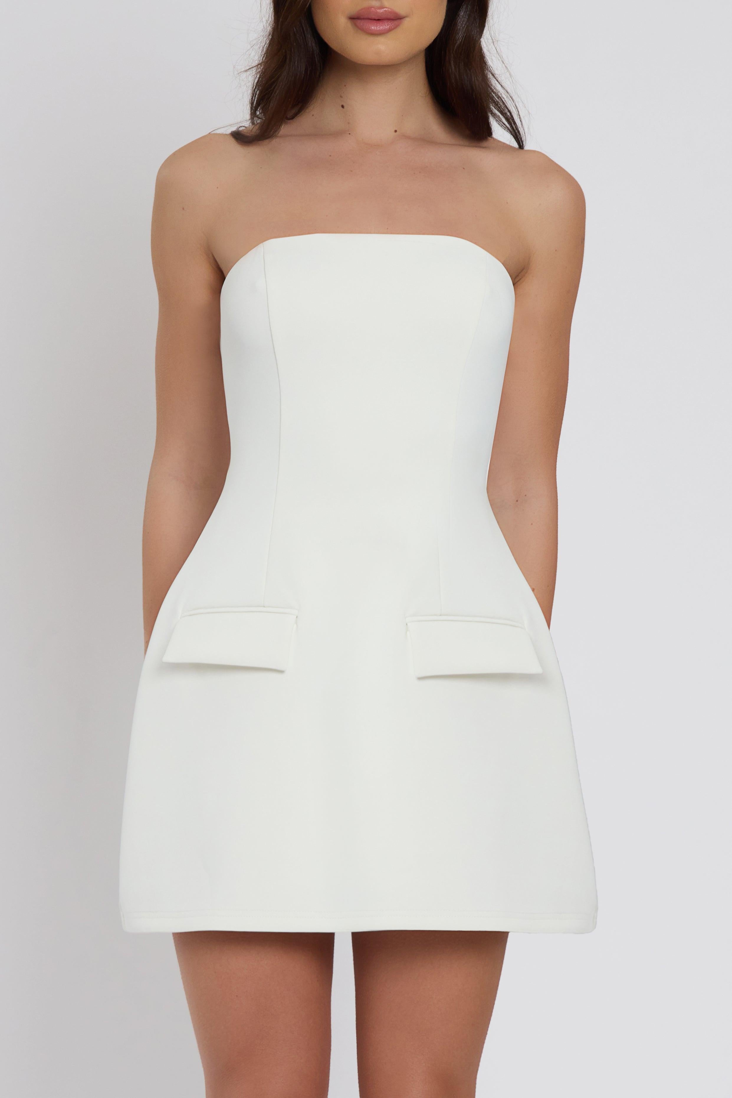 Solene White Strapless Mini Dress with Pockets ICYBOO
