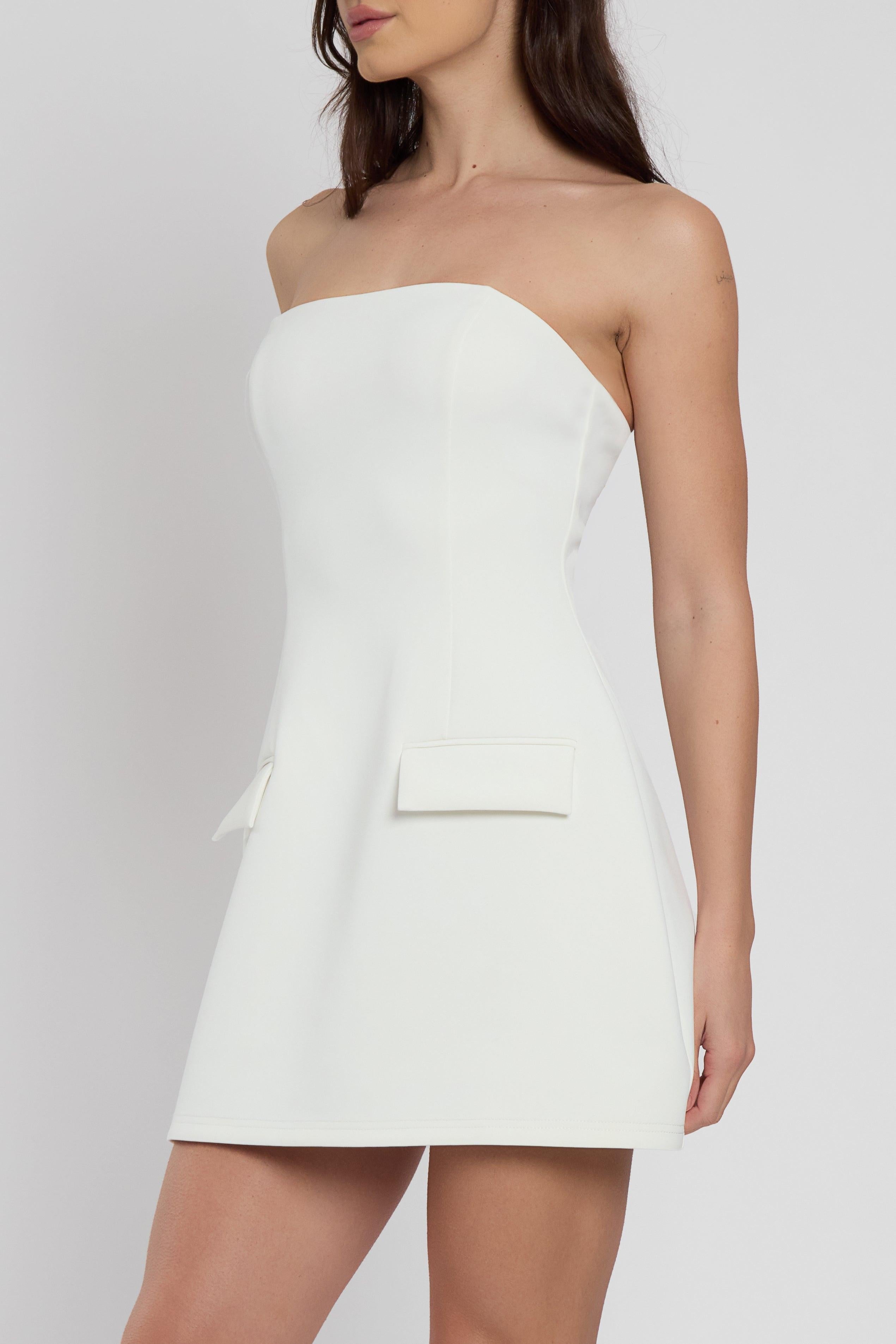 Solene White Strapless Mini Dress with Pockets ICYBOO