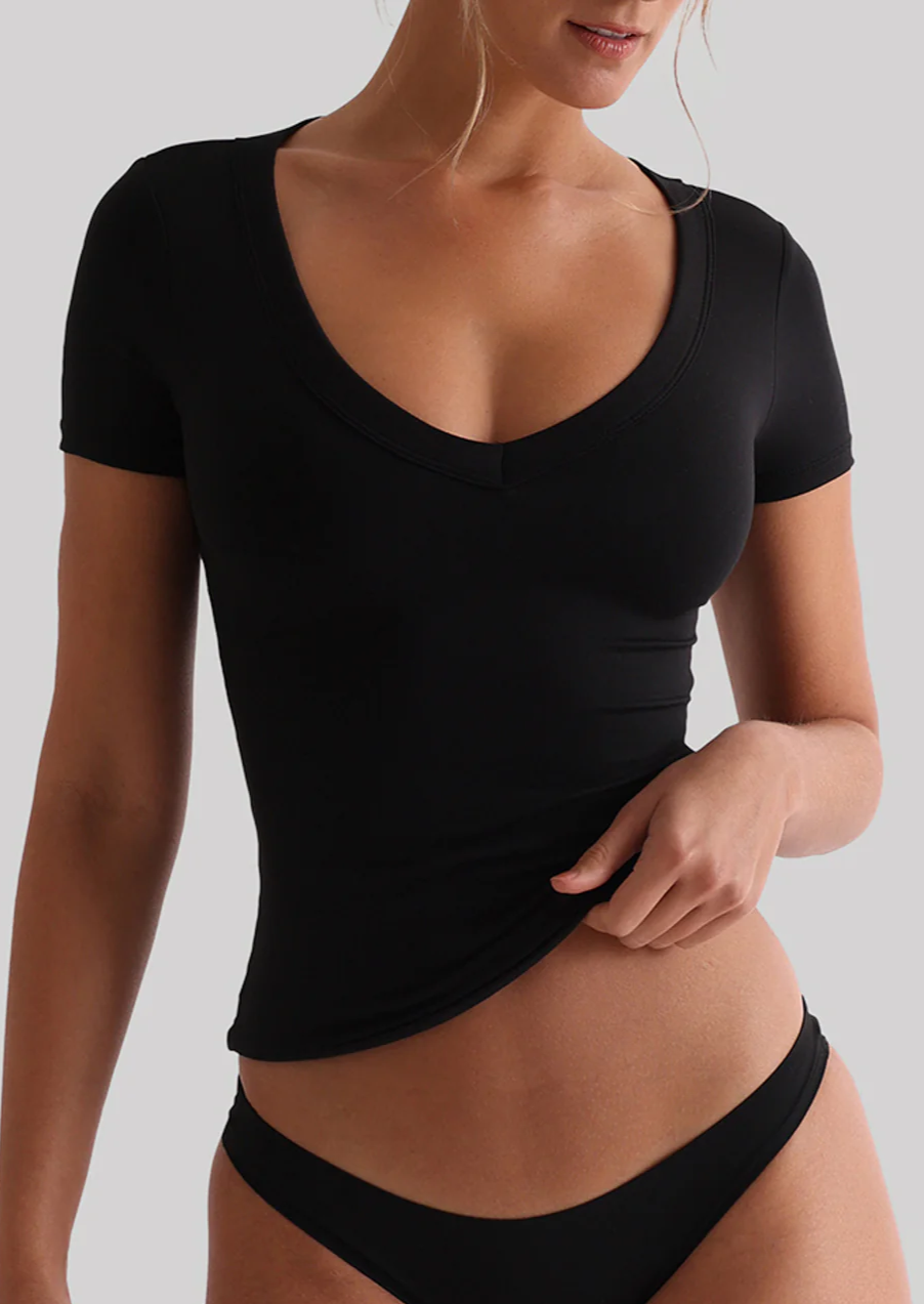 MAJA V-SHAPE SHORT SLEEVE T-SHIRT - BLACK ICYBOO