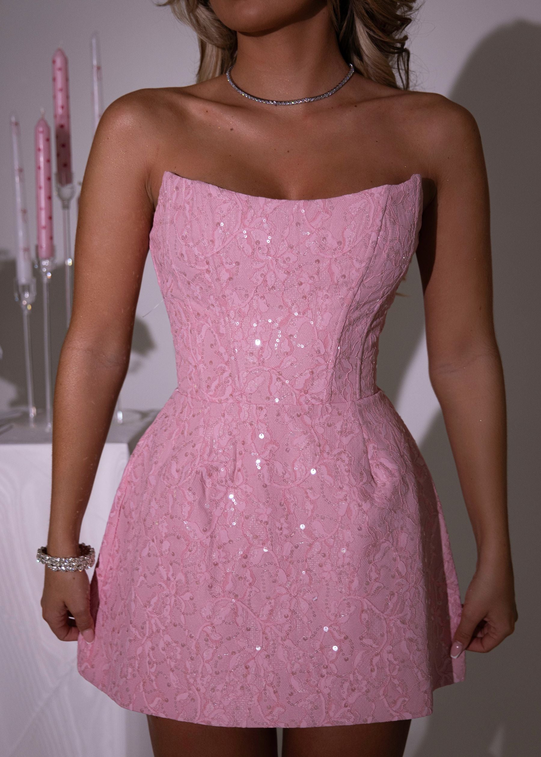 True Beauty Embellished Lace Mini Dress - Pink ICYBOO