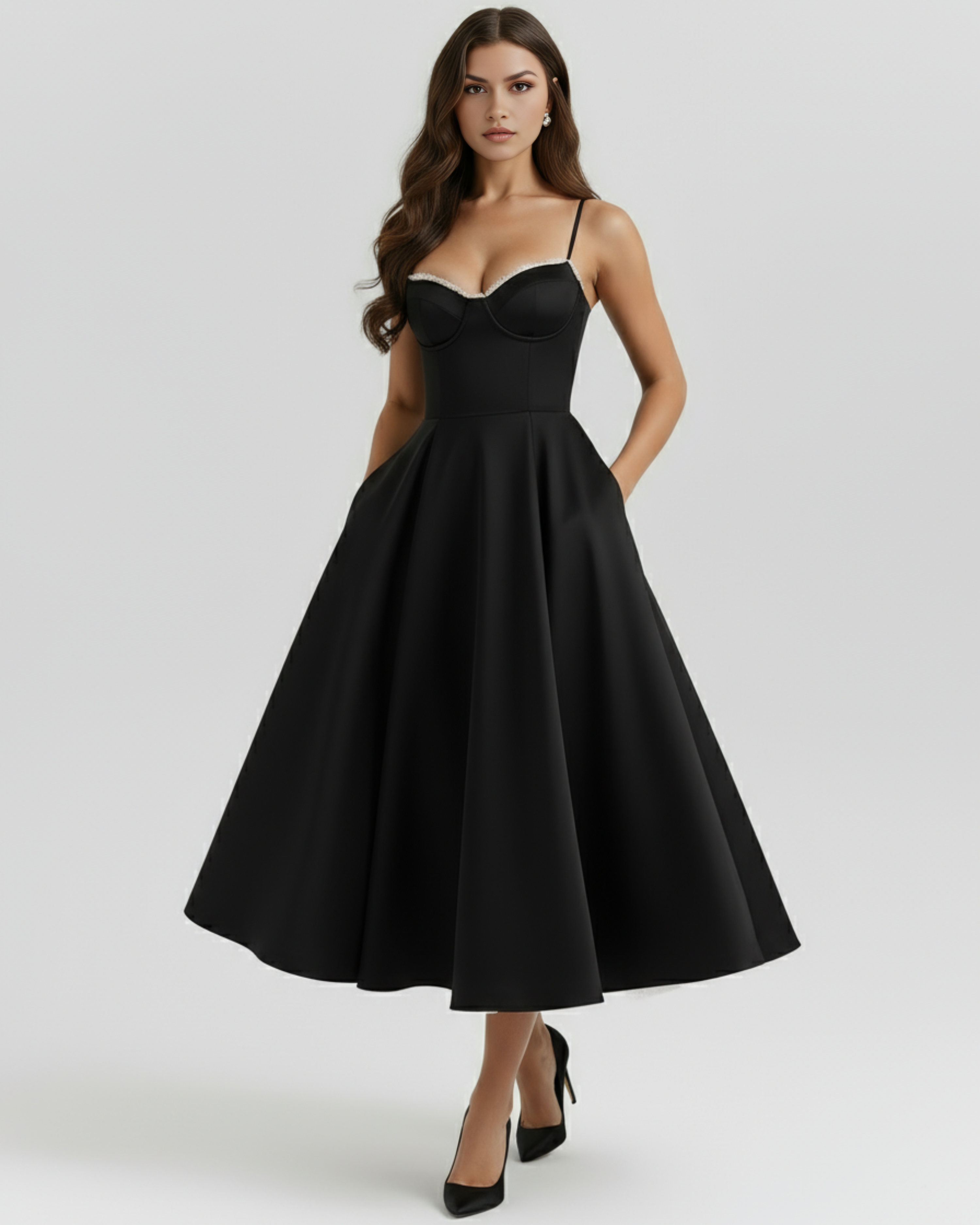 Midi Dress | Satin Feel, Boned Bodice, Weddings & Parties ICYBOO