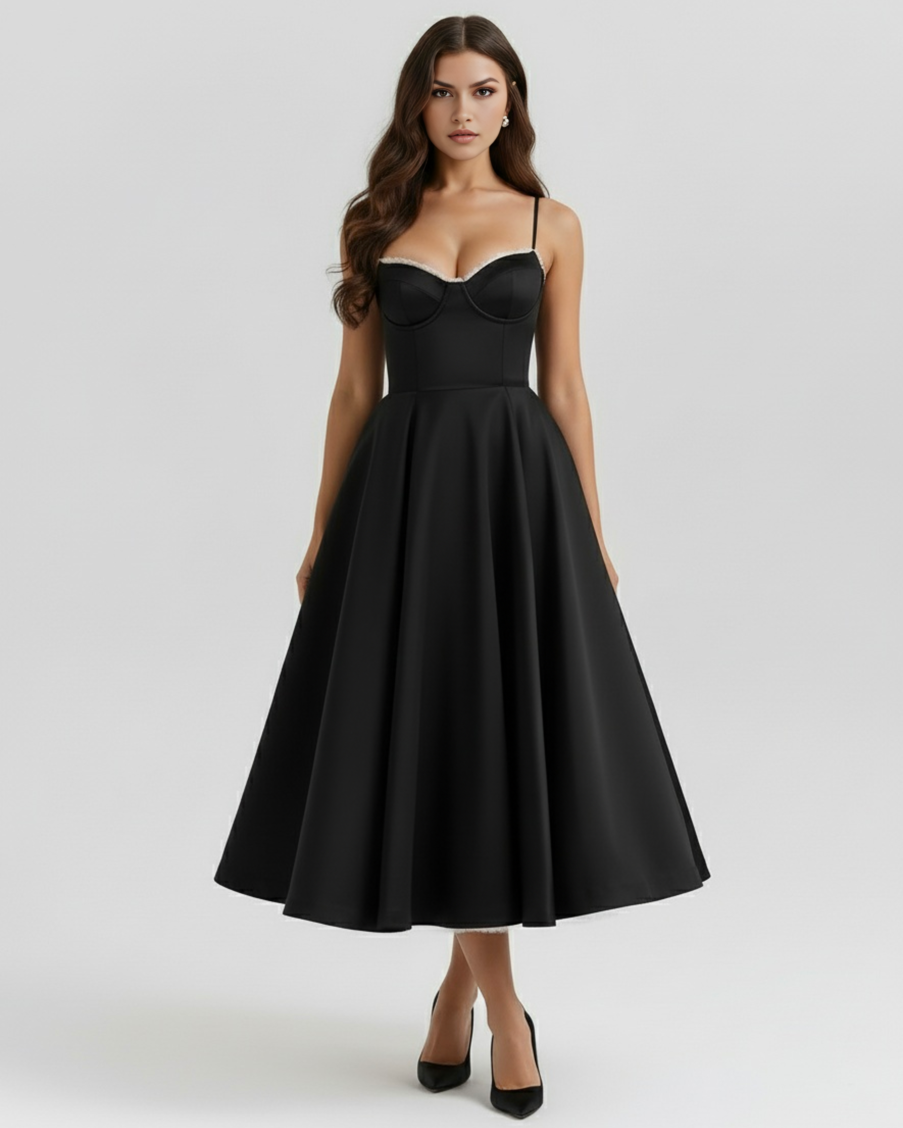 Midi Dress | Satin Feel, Boned Bodice, Weddings & Parties ICYBOO