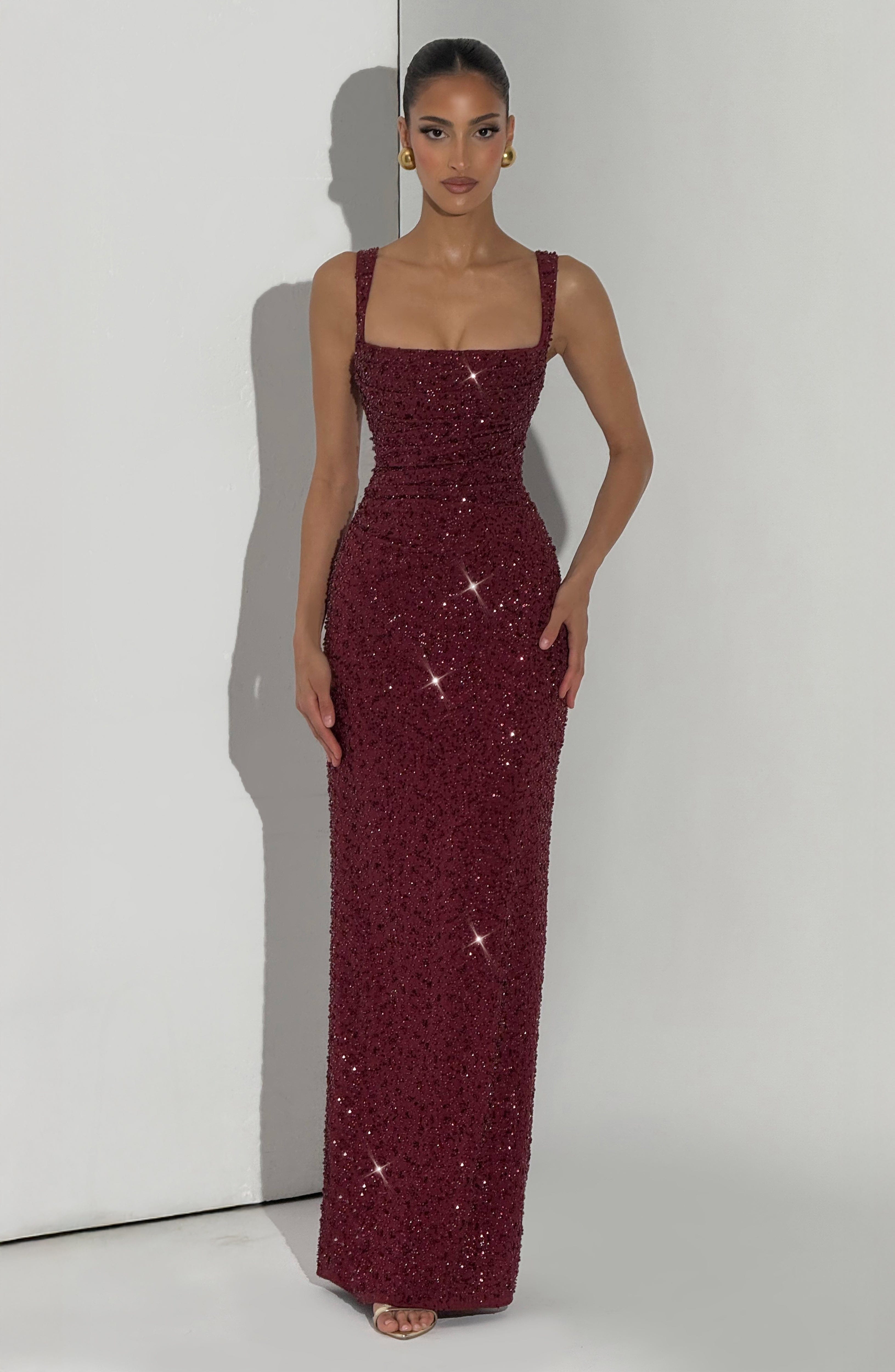 Calanthe Maxi Dress - Burgundy Sparkle ICYBOO