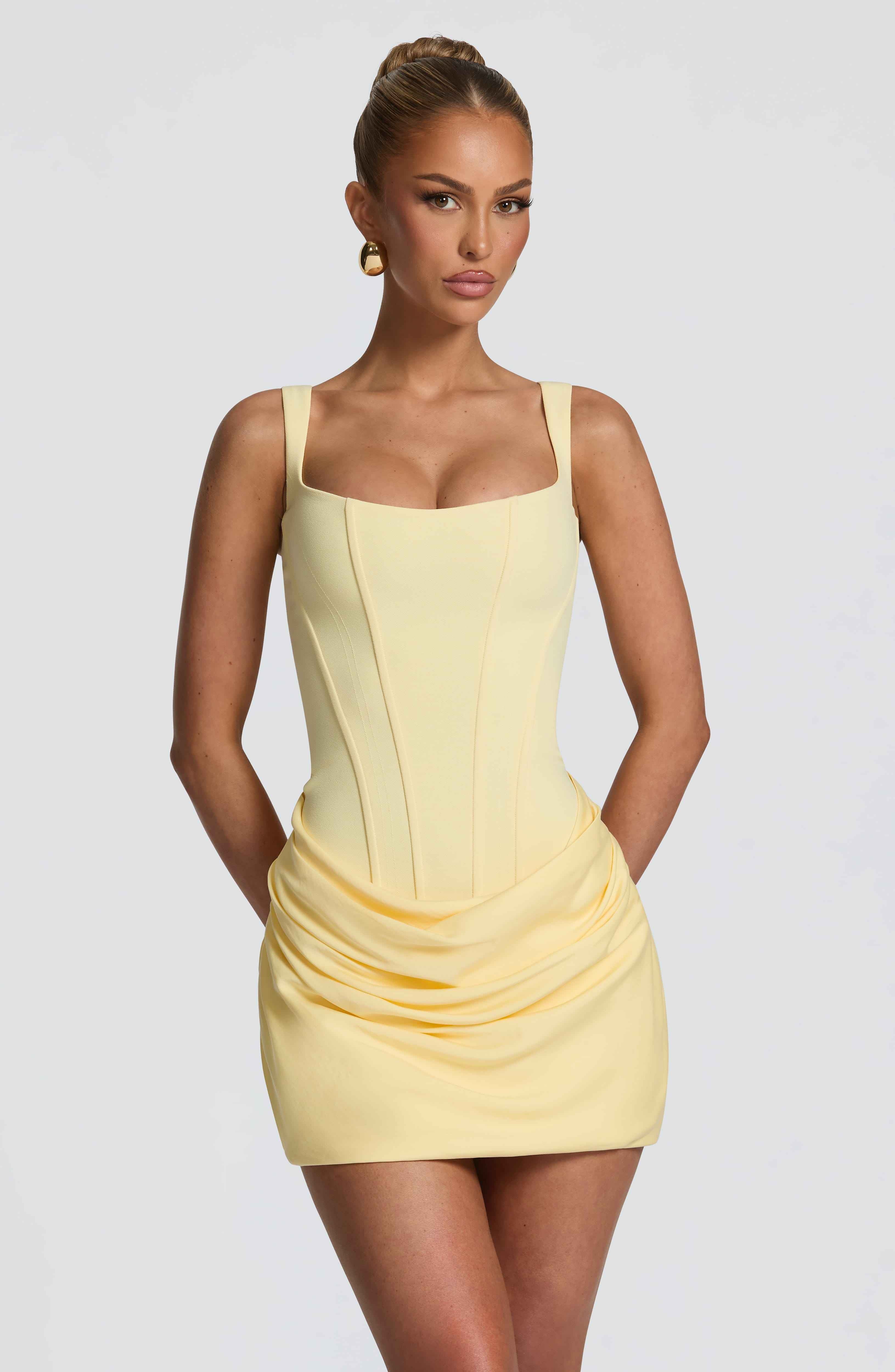 Cornelia Pleated Corset Mini Party Dress - Lemon