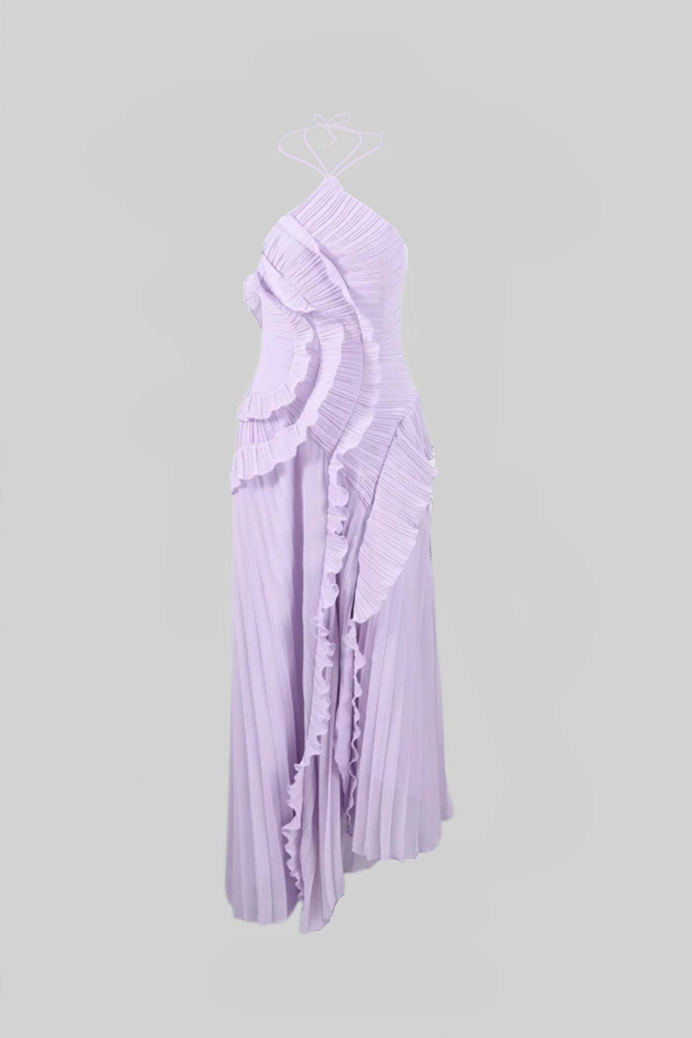 Pleated Halter Midi Dress With Cascading Ruffle Details - Lavender - ICYBOO