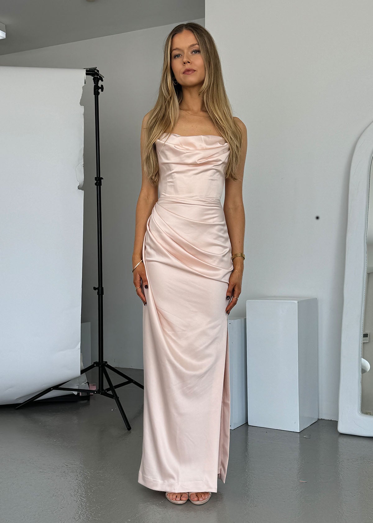 Adrienne Satin Strapless Gown in Champagne ICYBOO