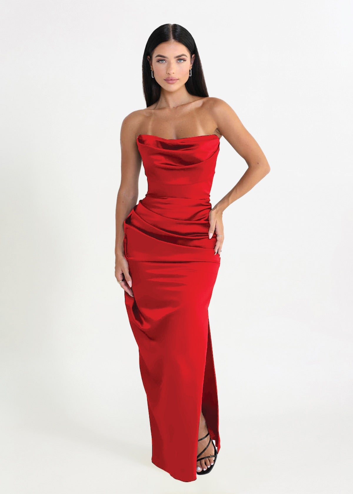 Adrienne Scarlet Satin Gown in Red ICYBOO