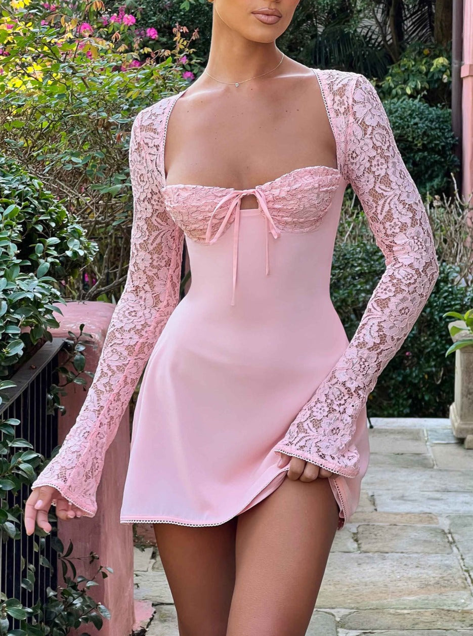 FIONA LACE MINI DRESS IN BABY PINK ICYBOO