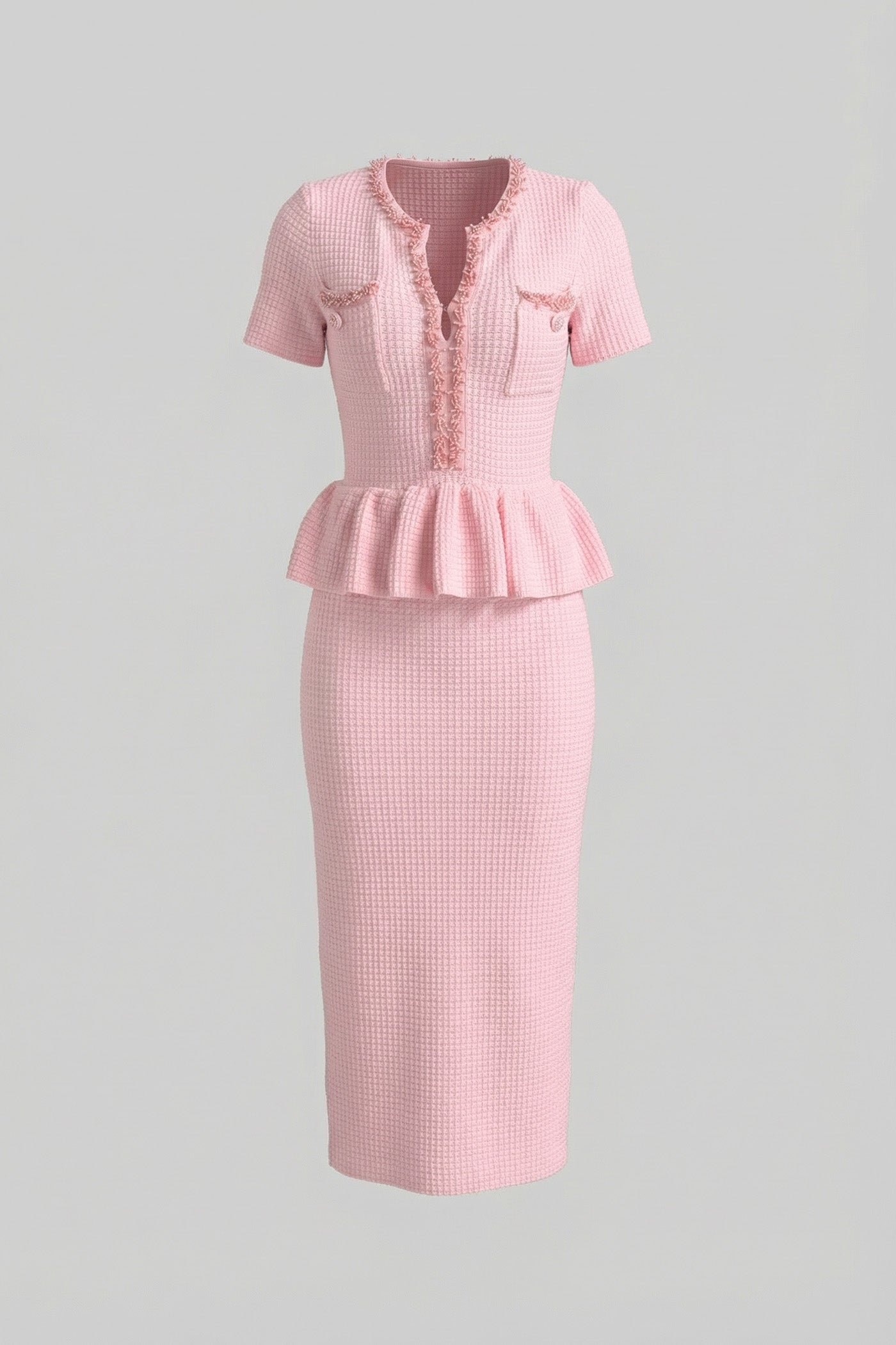 Textured Knit Midi Dress with Peplum Waist Detail – Baby Pink - ICYBOO