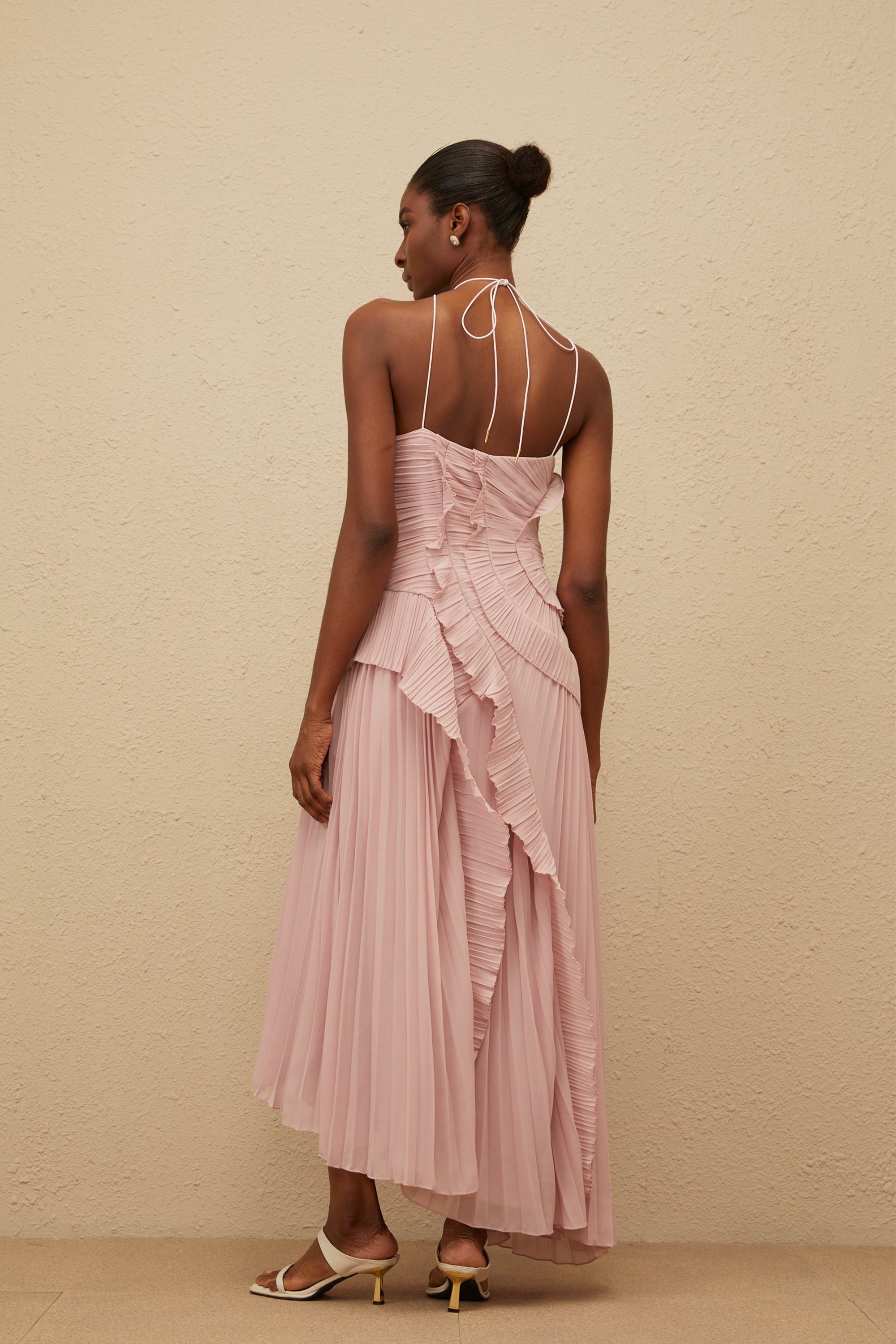 Doux Pink Ruffled Trim Pleated Midi Dress - ICYBOO