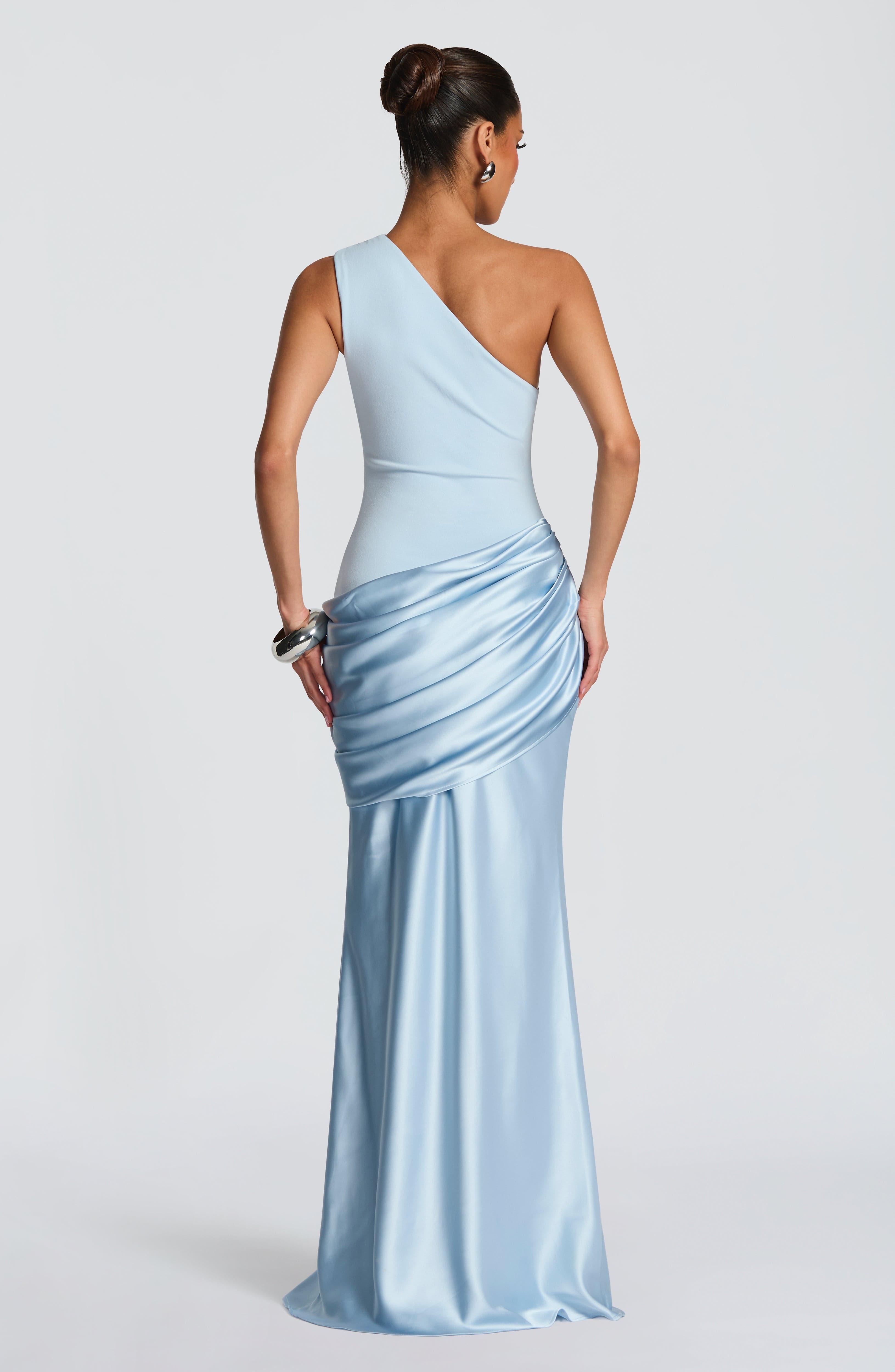 Sadona Maxi Dress - Glacier Blue Satin One-Shoulder