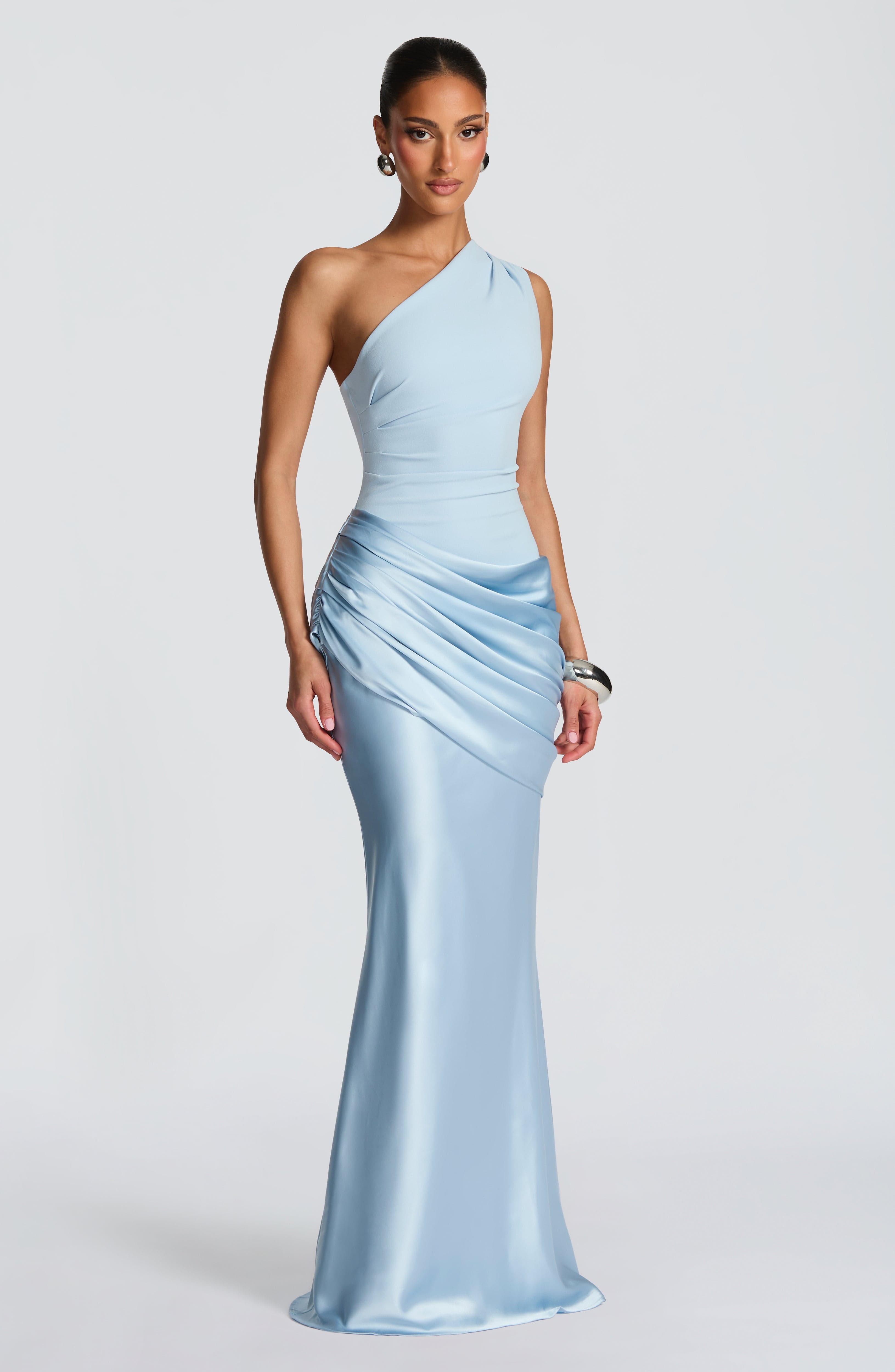 Sadona Maxi Dress - Glacier Blue Satin One-Shoulder