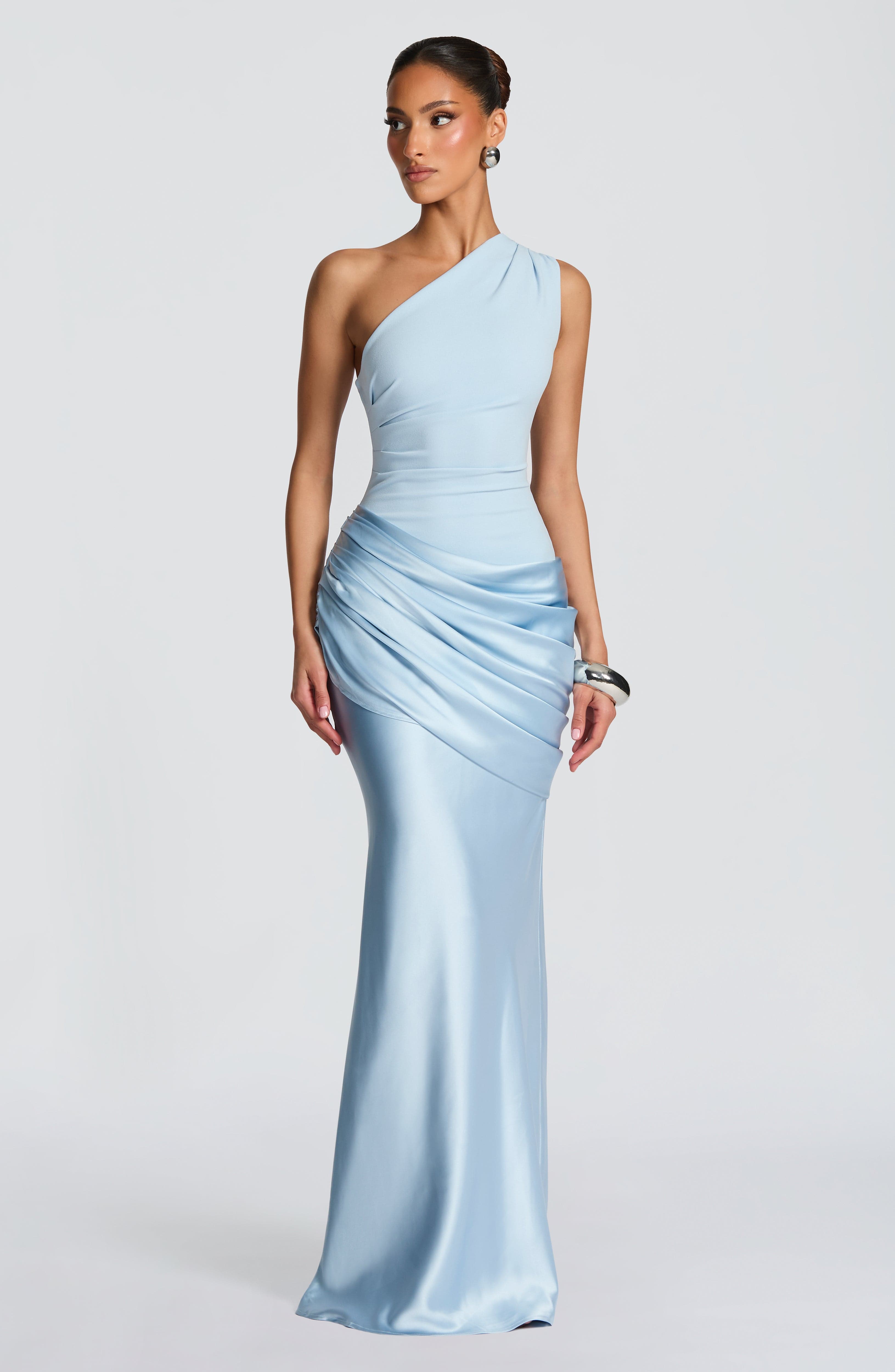 Sadona Maxi Dress - Glacier Blue Satin One-Shoulder