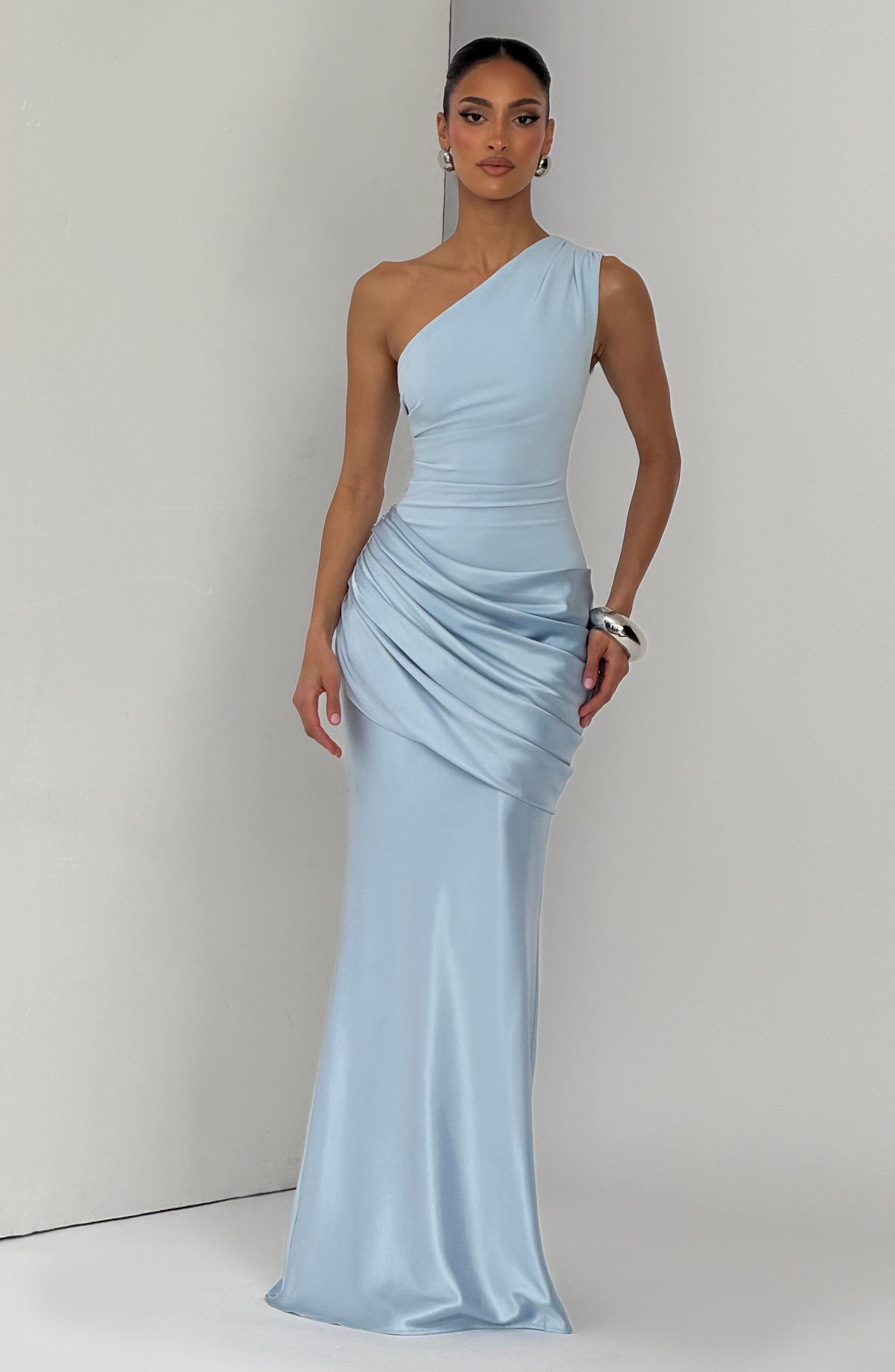 Sadona Maxi Dress - Glacier Blue Satin One-Shoulder
